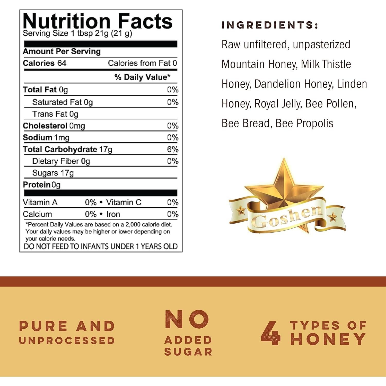 Complejo de Miel Cruda Goshen - 4 Tipos de Miel y Productos de Colmena 454g