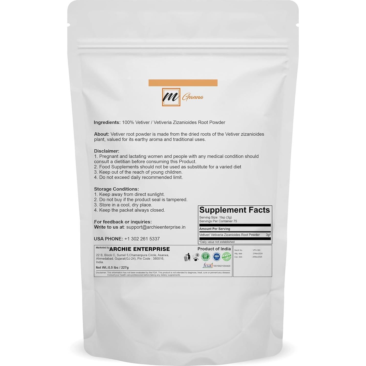 Polvo de Raíz de Vetiver 100% Natural mGanna 227g