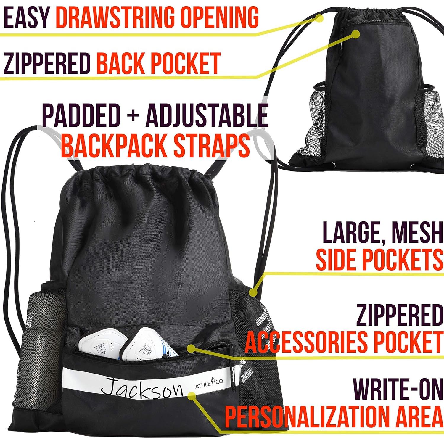 Bolsa de Fútbol Athletico Negra con Cordón y Múltiples Bolsillos