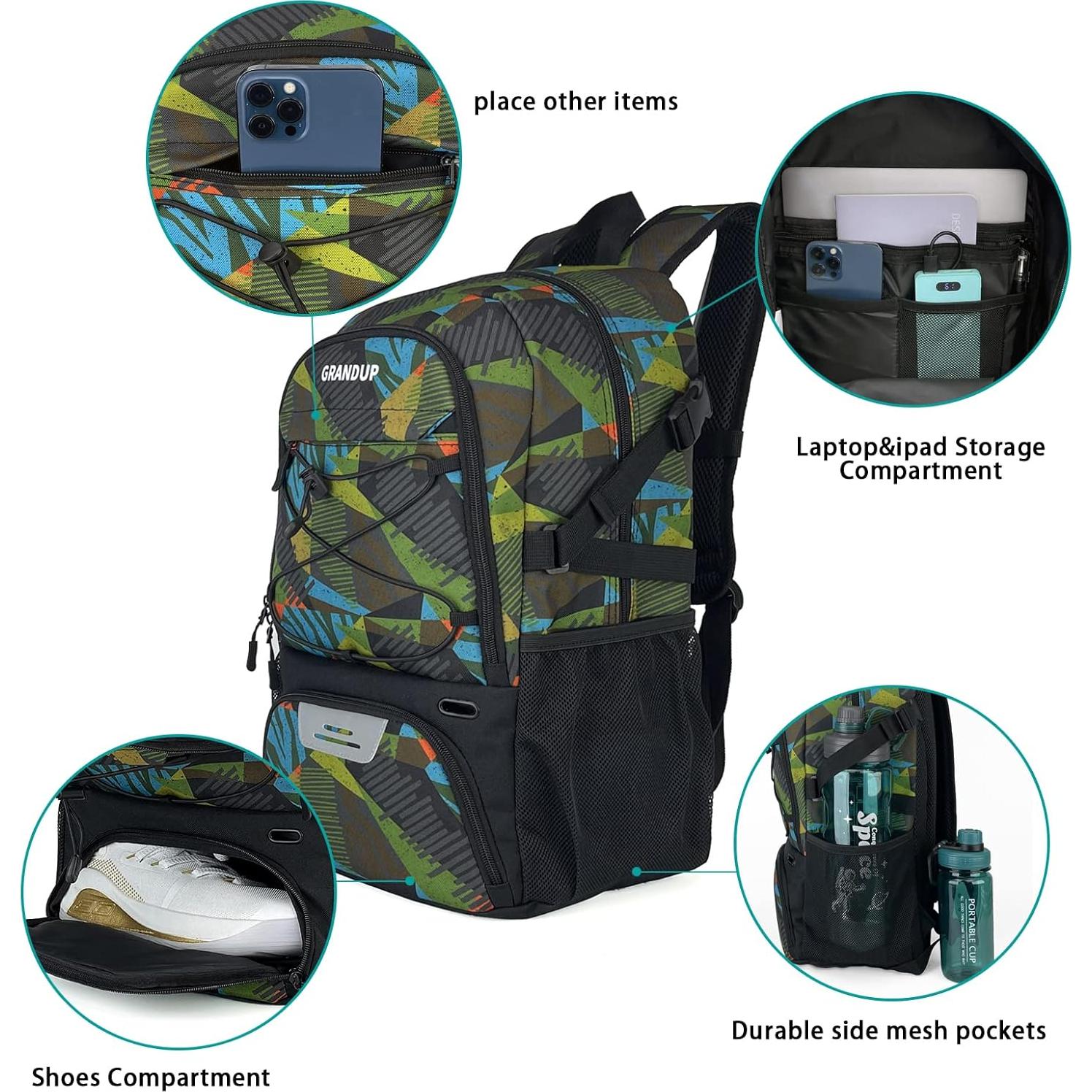 Mochila de Baloncesto GRANDUP 28L con Compartimentos para Zapatos y Balón