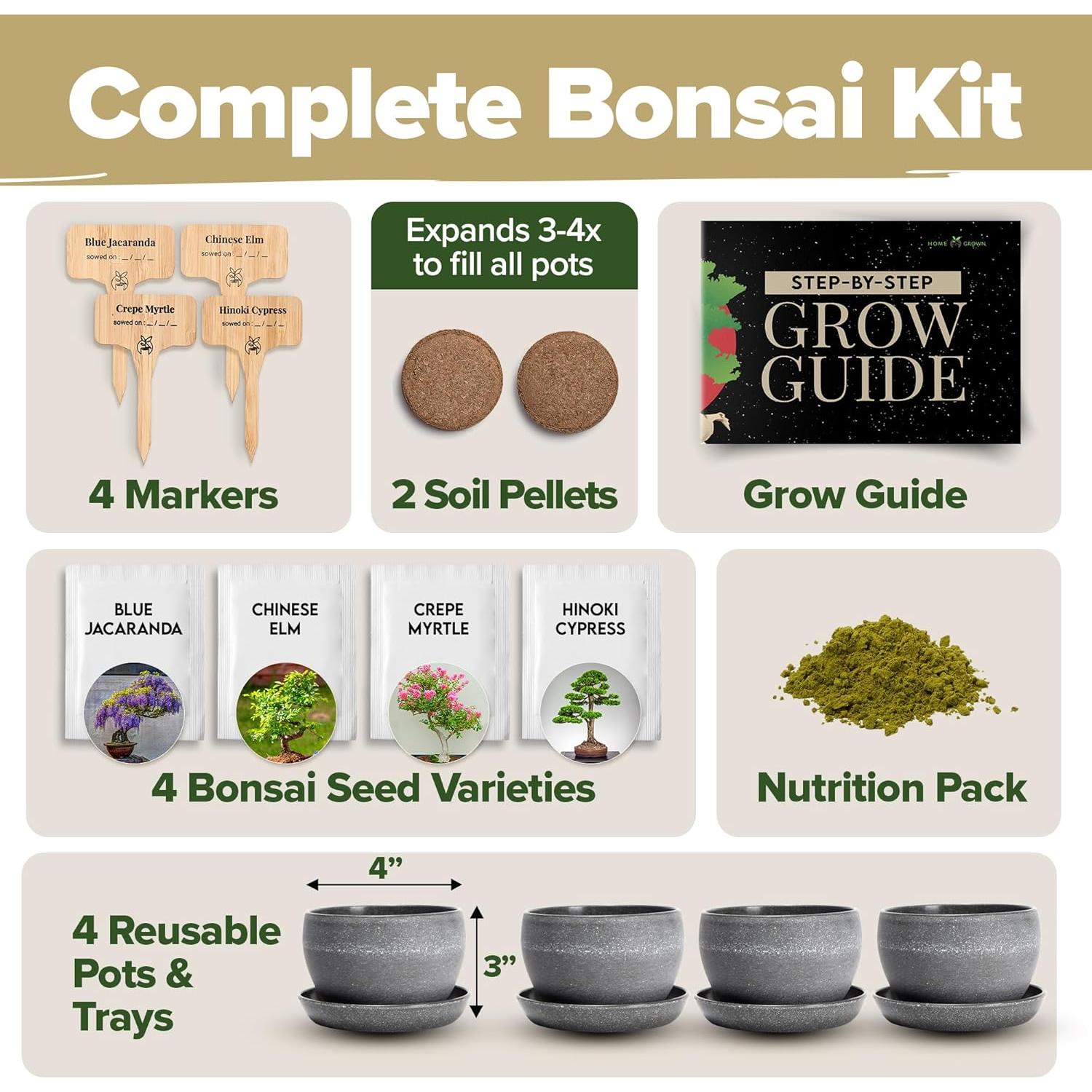Kit Bonsai Home Grown - Cultiva 4 Especies en Casa