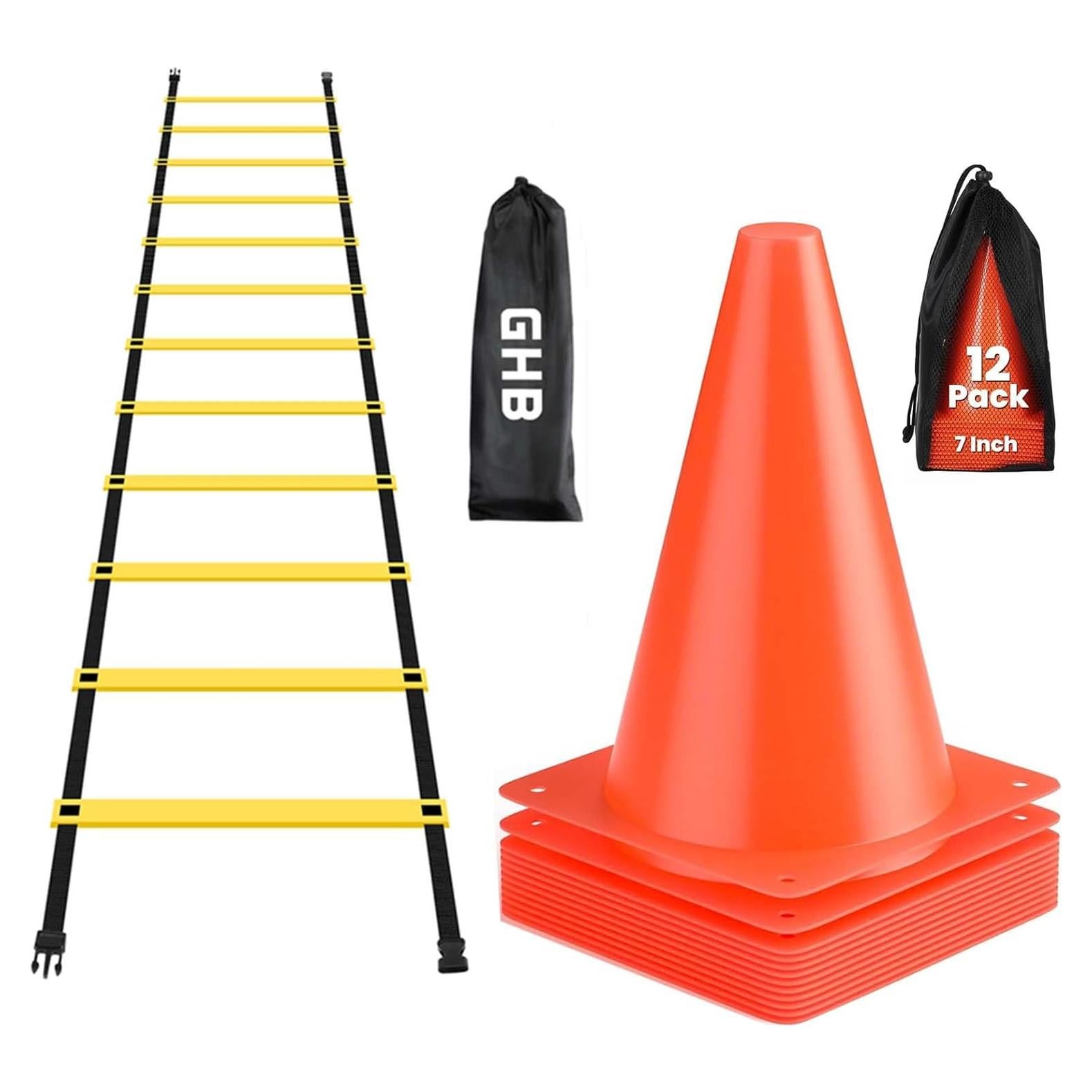 Escalera de Agilidad GHB 12 Peldaños 6.1 Metros + 12 Conos de Fútbol