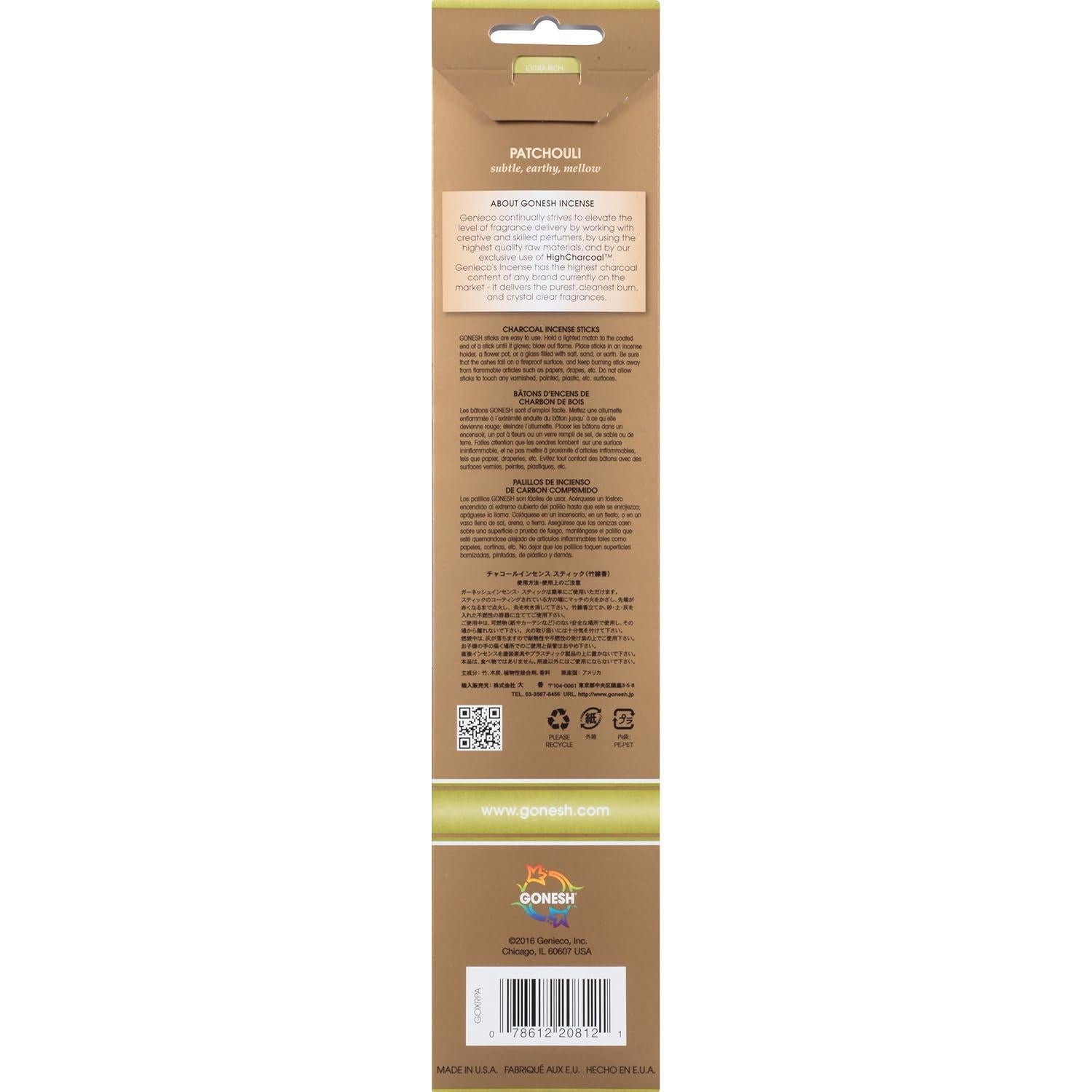 Incienso Gonesh Pachulí - Paquete de 20 Varitas 30g