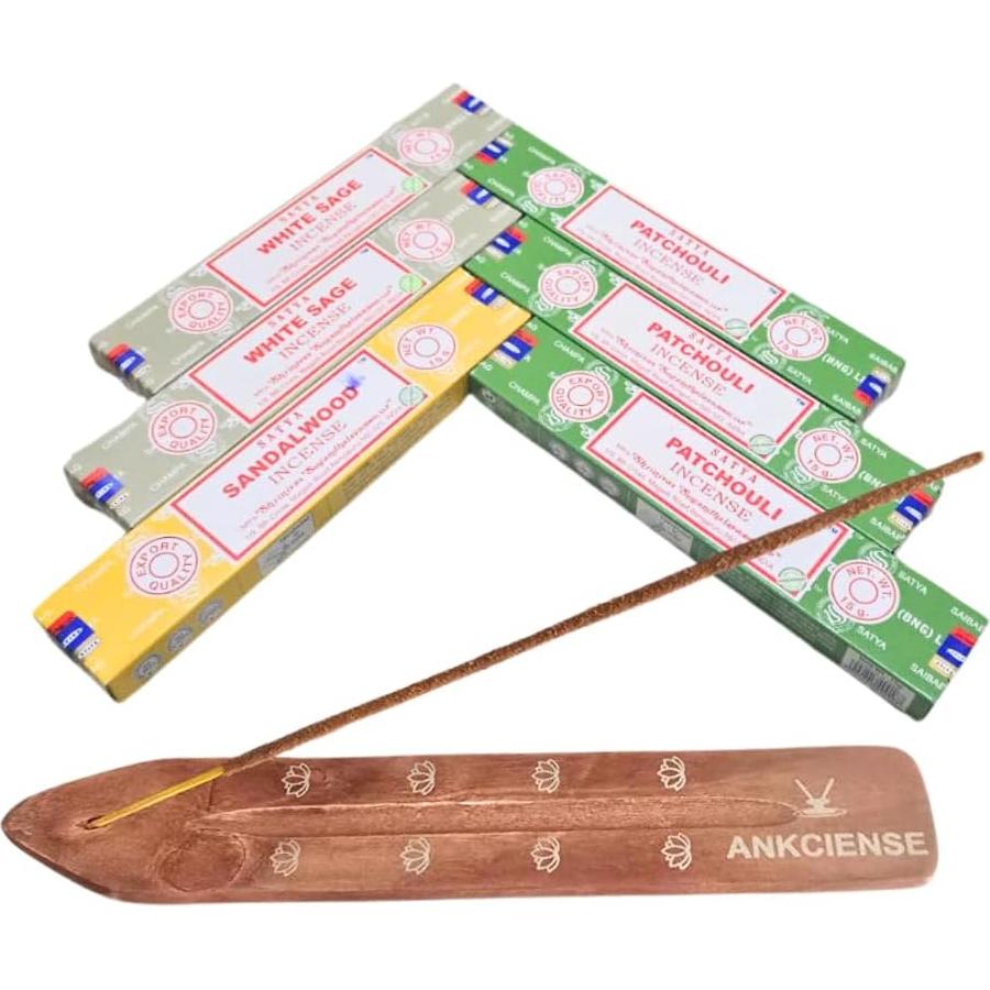 Paquete de 3 Inciensos Satya: Patchouli, Salvia Blanca y Sándalo
