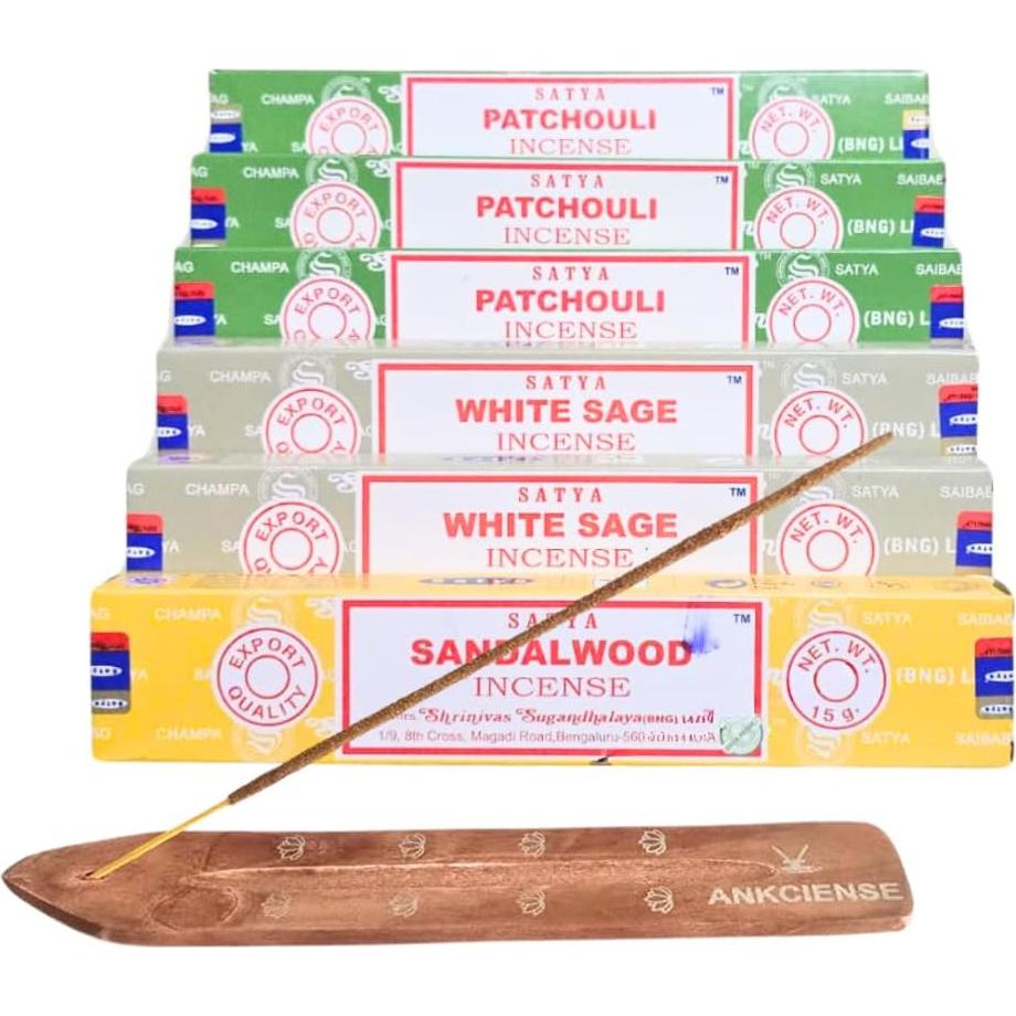 Paquete de 3 Inciensos Satya: Patchouli, Salvia Blanca y Sándalo