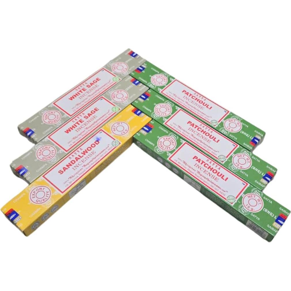 Paquete de 3 Inciensos Satya: Patchouli, Salvia Blanca y Sándalo