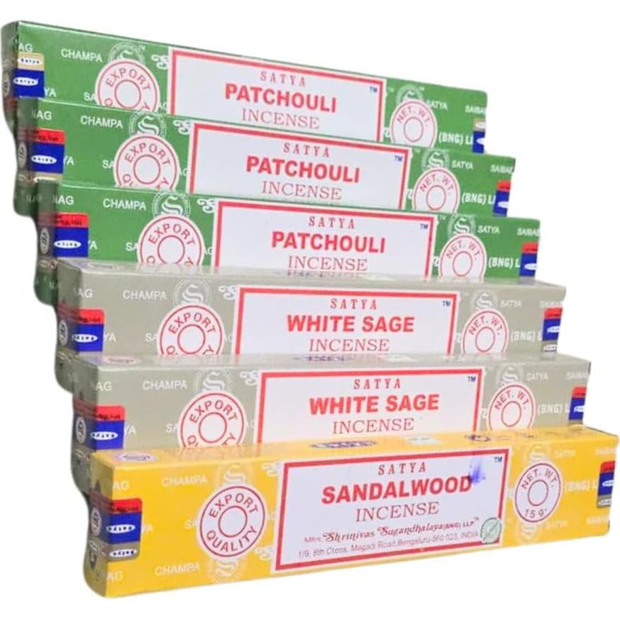 Paquete de 3 Inciensos Satya: Patchouli, Salvia Blanca y Sándalo