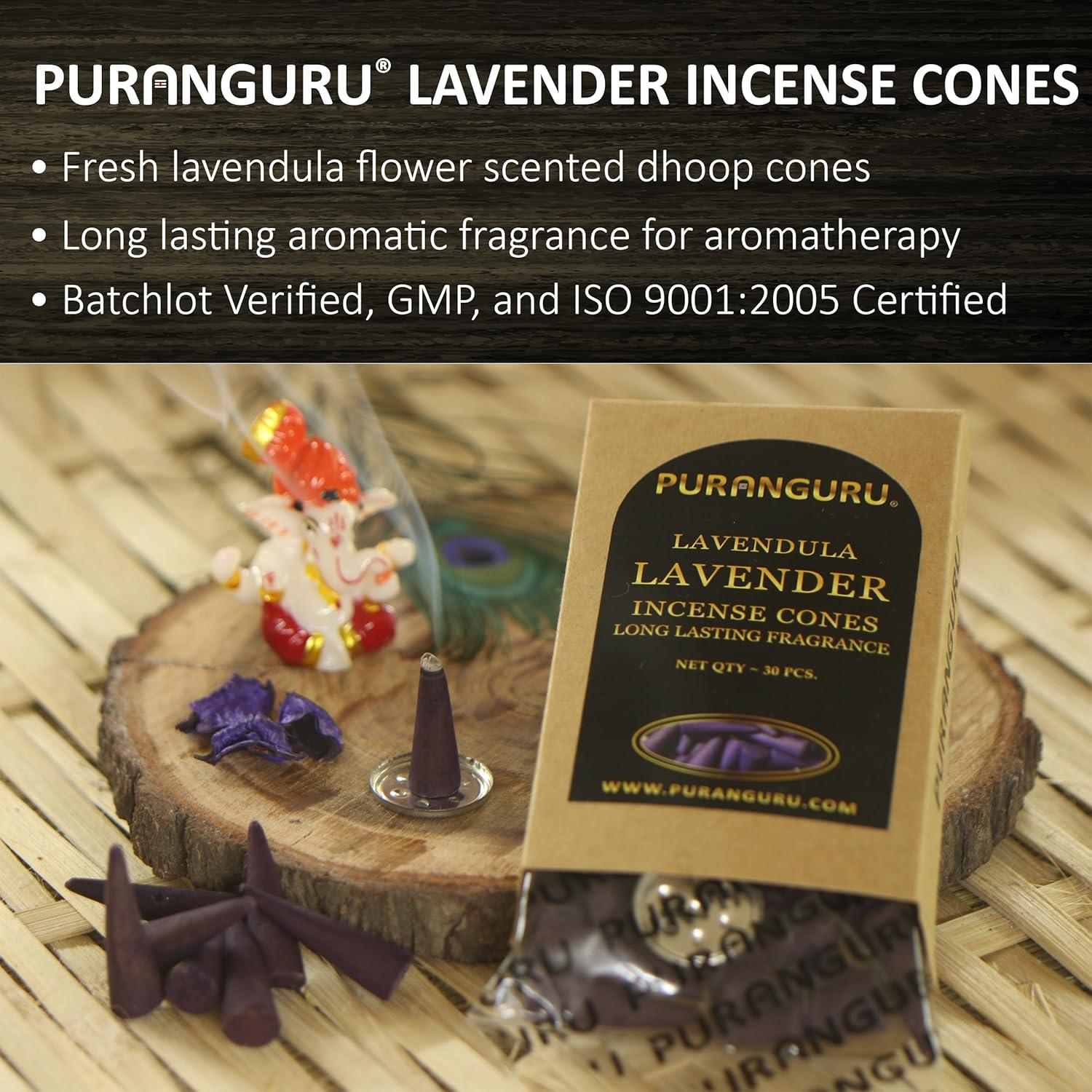 Conos de Incienso de Lavanda PuranGuru - 30 Pcs - 3.81 cm