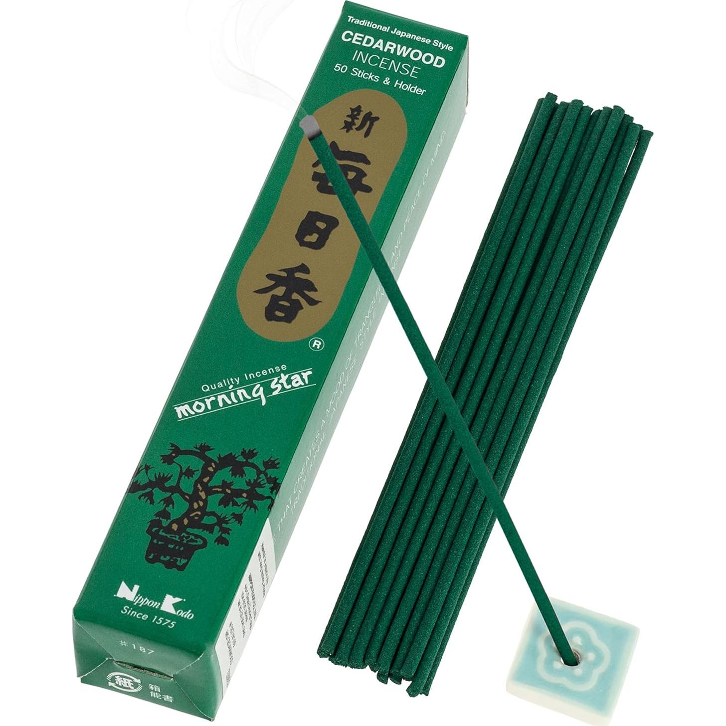 Incienso Morning Star Cedro 50 Varillas con Soporte Cerámica