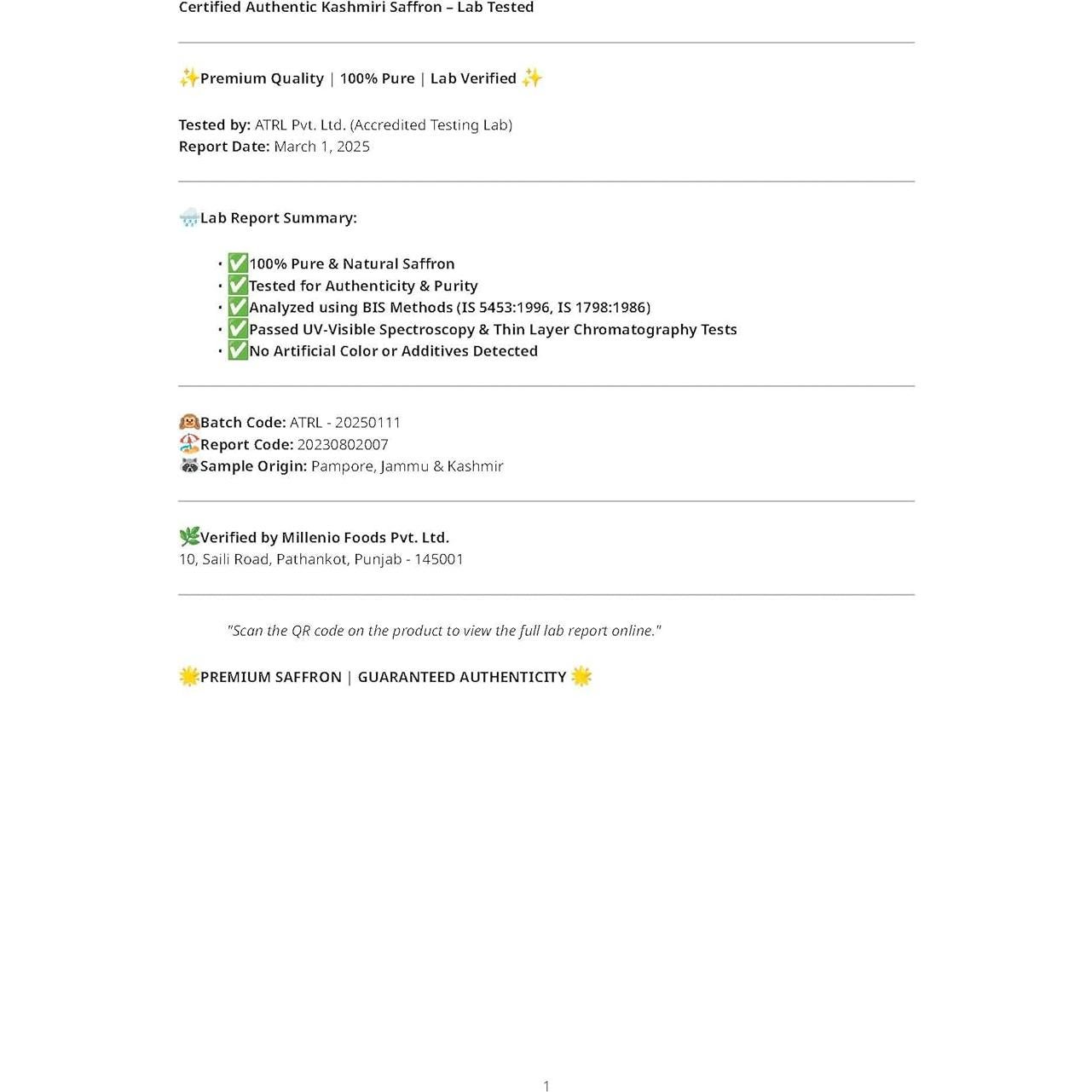 Saffrón Mongra 100% Puro Cachemira Grado A++ 1g