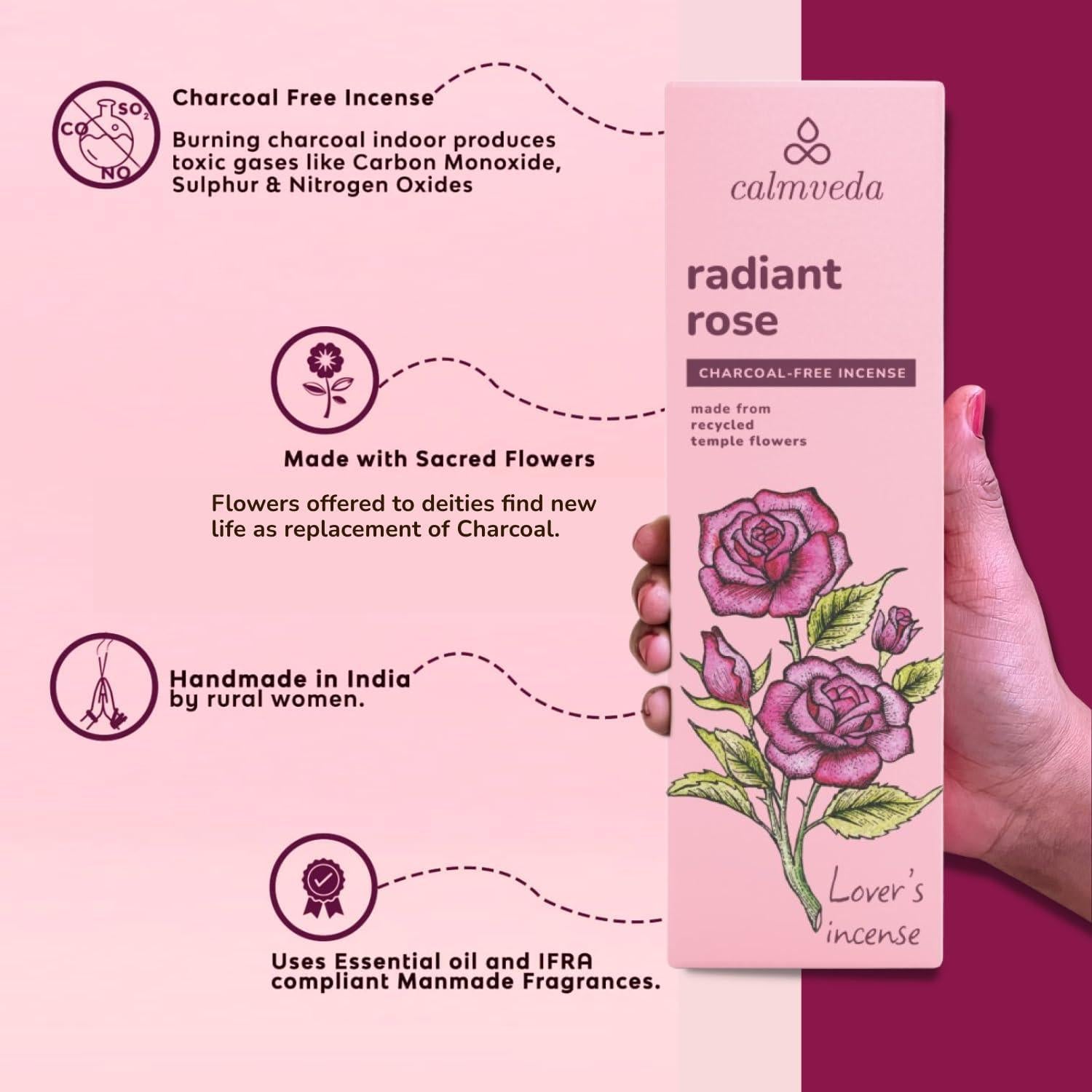 Incienso Natural Calmveda Rosa y Sándalo - 80 Varillas + Spray