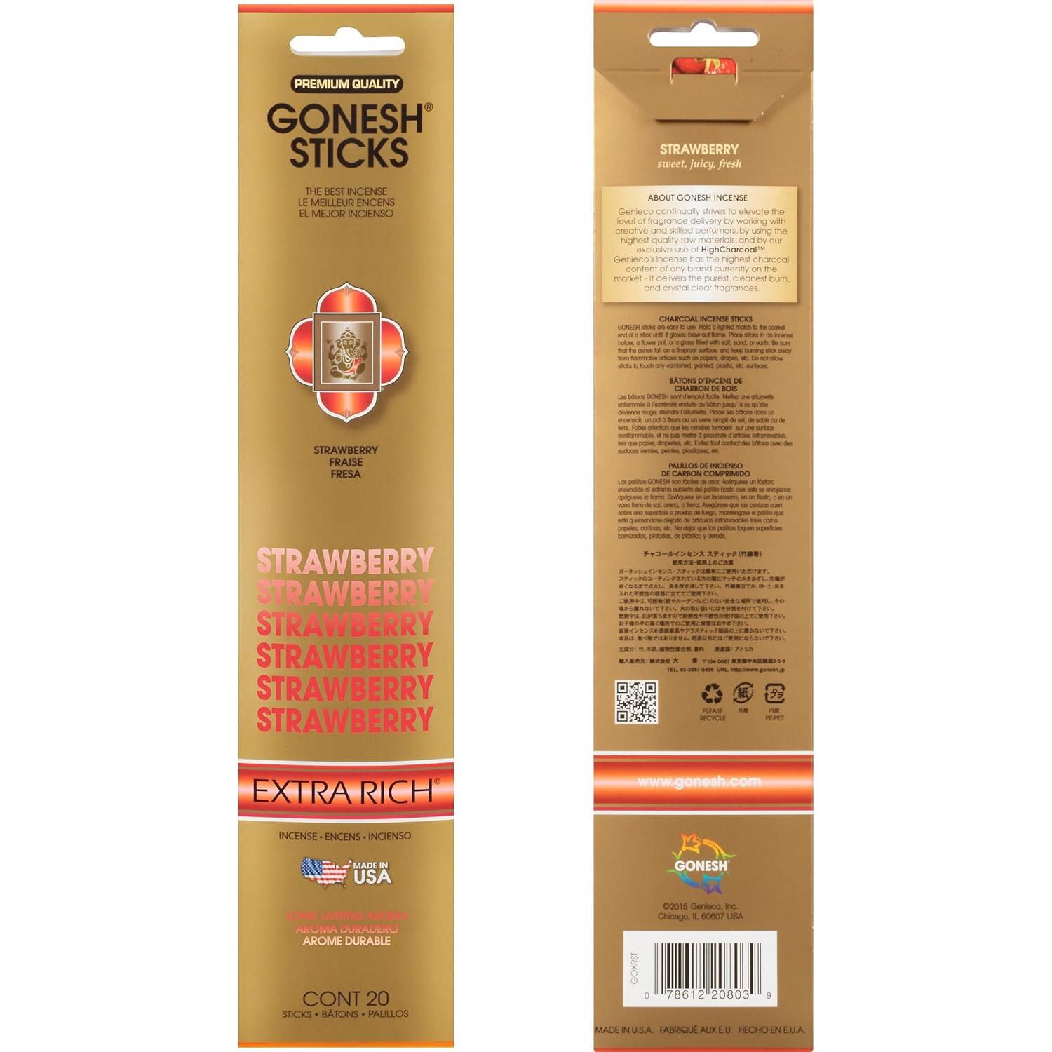 Incienso Gonesh Fresa - 80 Varitas de 25.4 cm - Quema Lenta