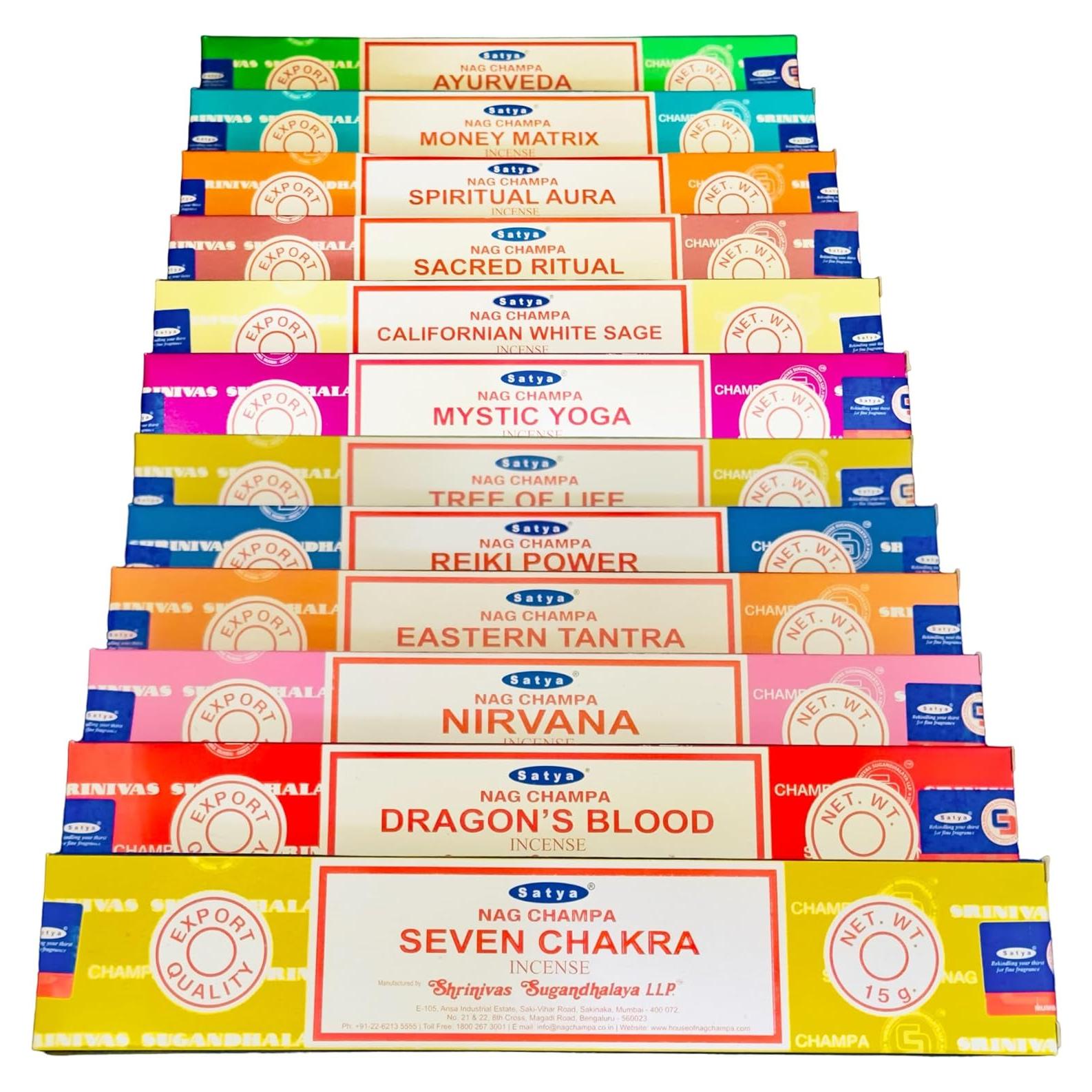 Paquete Variado de Incienso Satya 12 Cajas 180g Aromas Premium