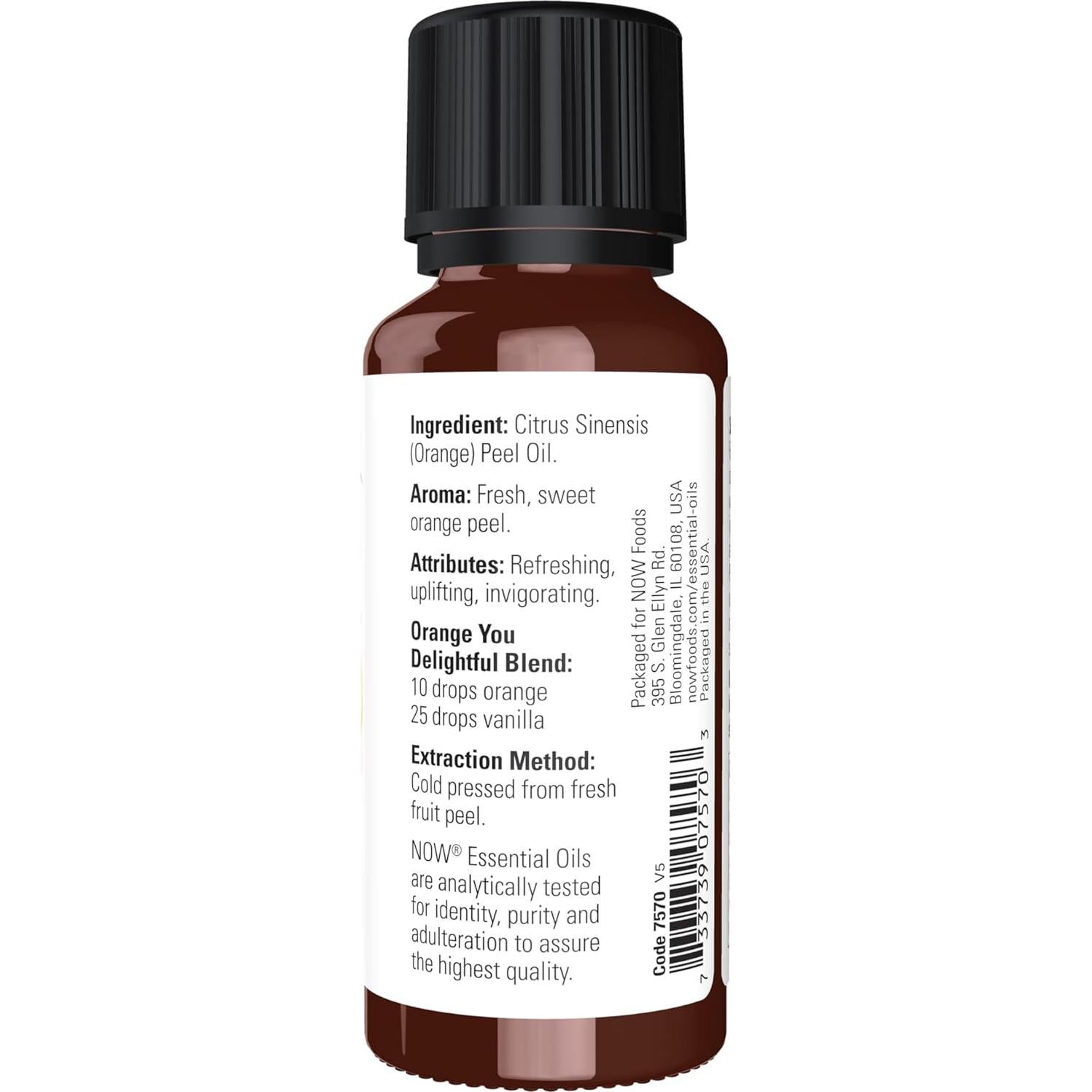 NOW Essential Oils, Orange Oil, Uplifting Aromatherapy Scent, Cold Pressed, 100% Pure, Vegan, Child Resistant Cap, 1-Ounce