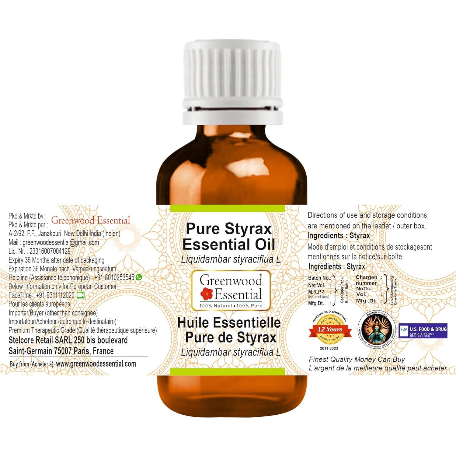 Aceite Esencial Styrax Puro Greenwood 30ml - Ligero y No Graso