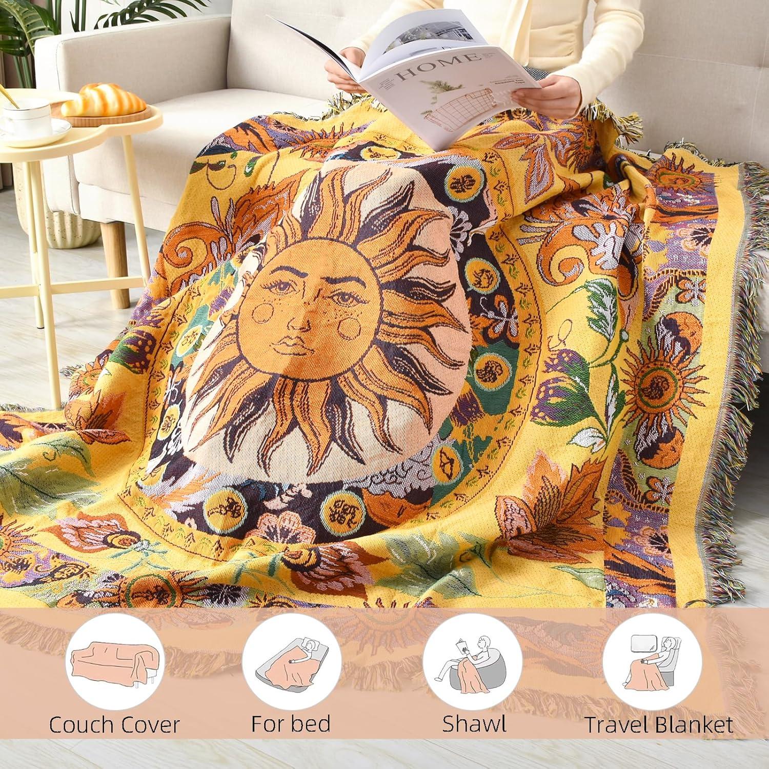 Manta Boho Reversible Shesyuki 127x152 cm Algodón Amarillo