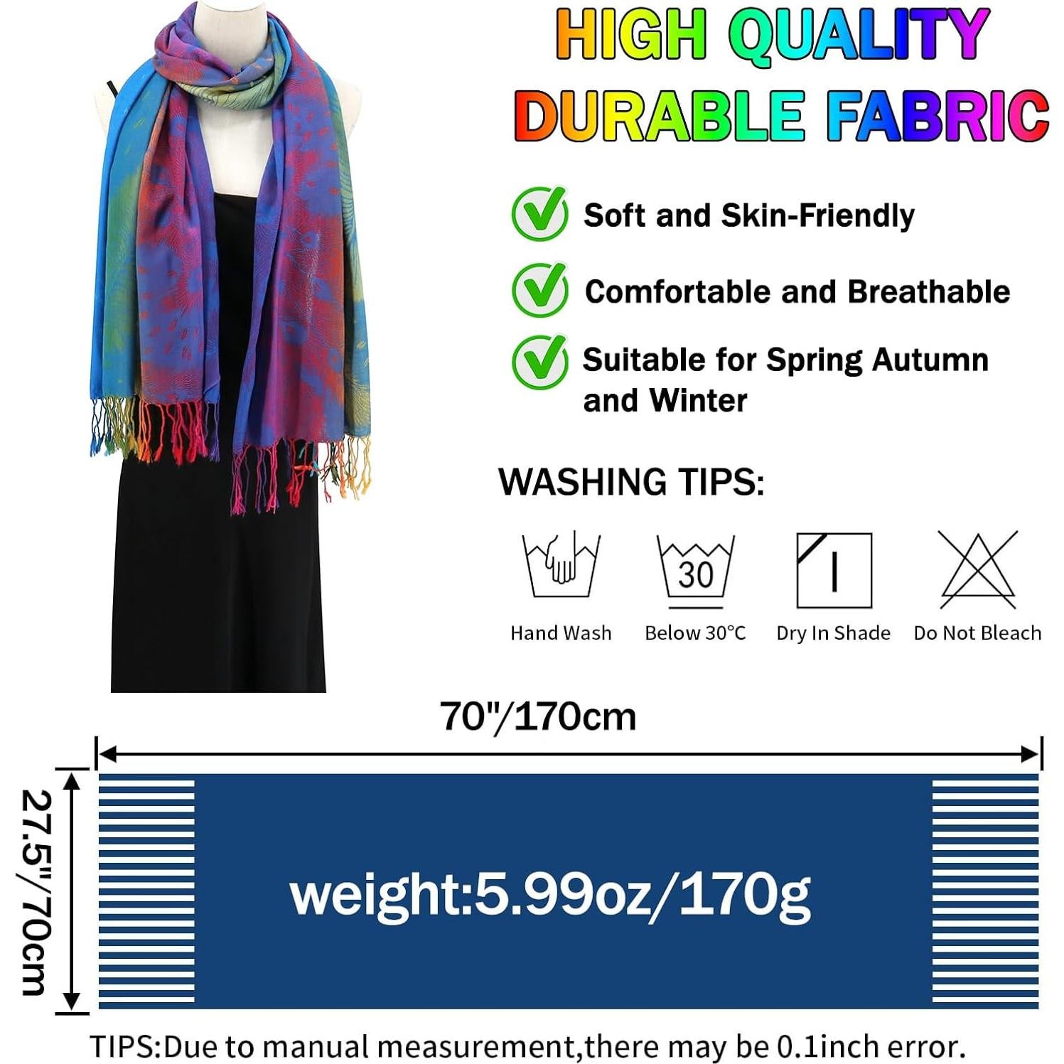 Bufanda Pashmina Colorida Rave 170x70cm Suave con Borlas