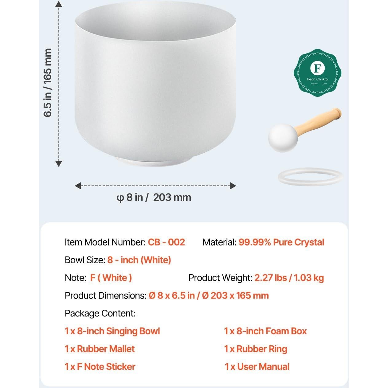 Cuenco de Canto de Cristal VEVOR 20.3 cm Nota F para Meditación