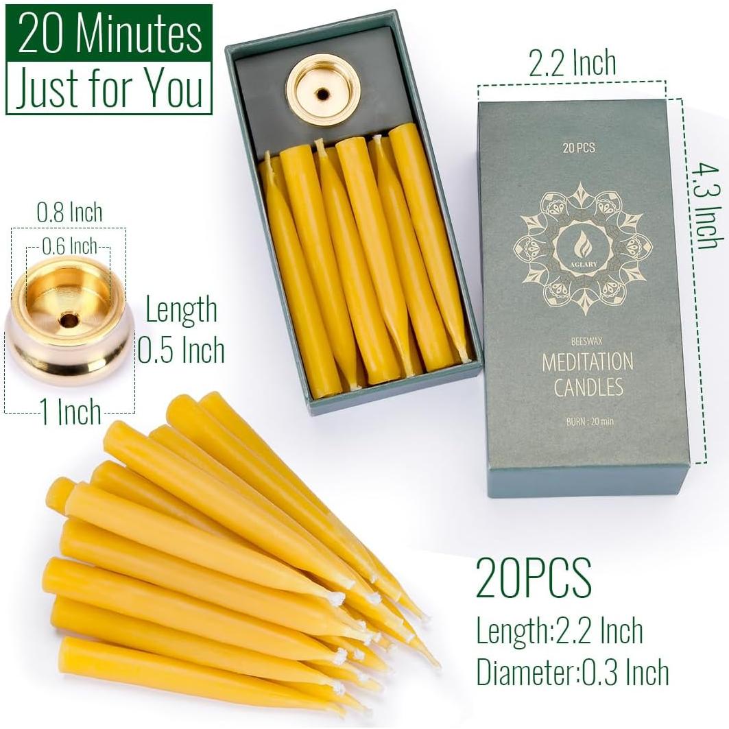 Set de 20 Velas de Cera de Abeja Pura con Soportes de Latón