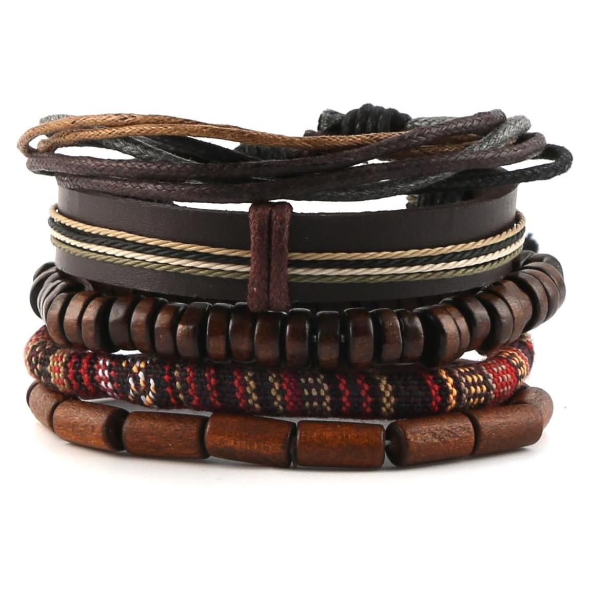 Pulsera Étnica Unisex HZMAN de Cuero y Cuentas de Madera