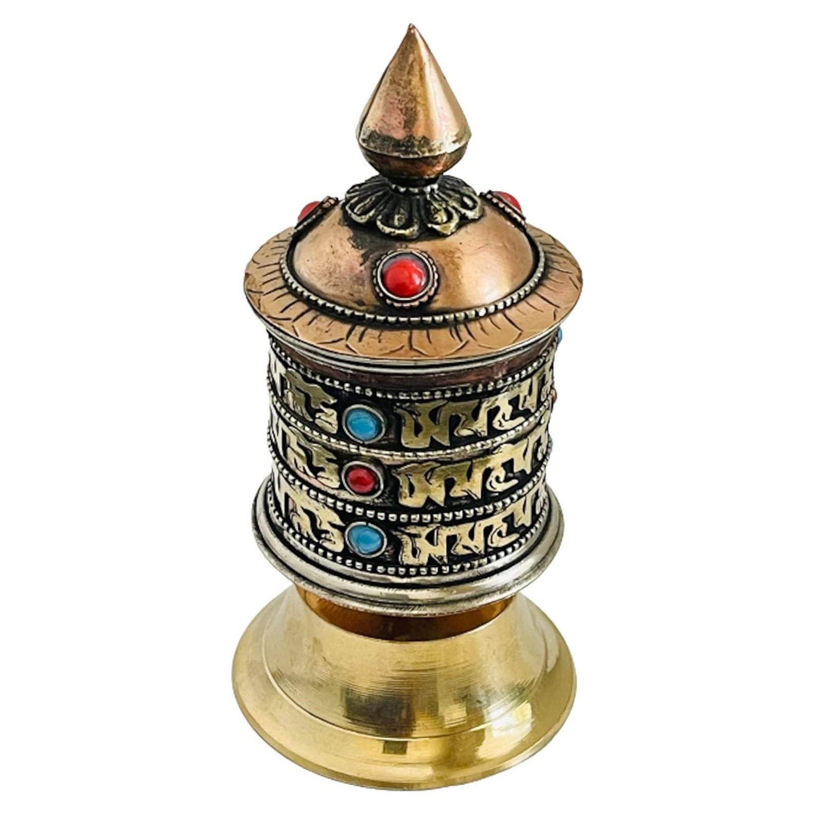 Rueda de Oración Tibetana de Mesa QT 12.7 cm Cobre y Piedra