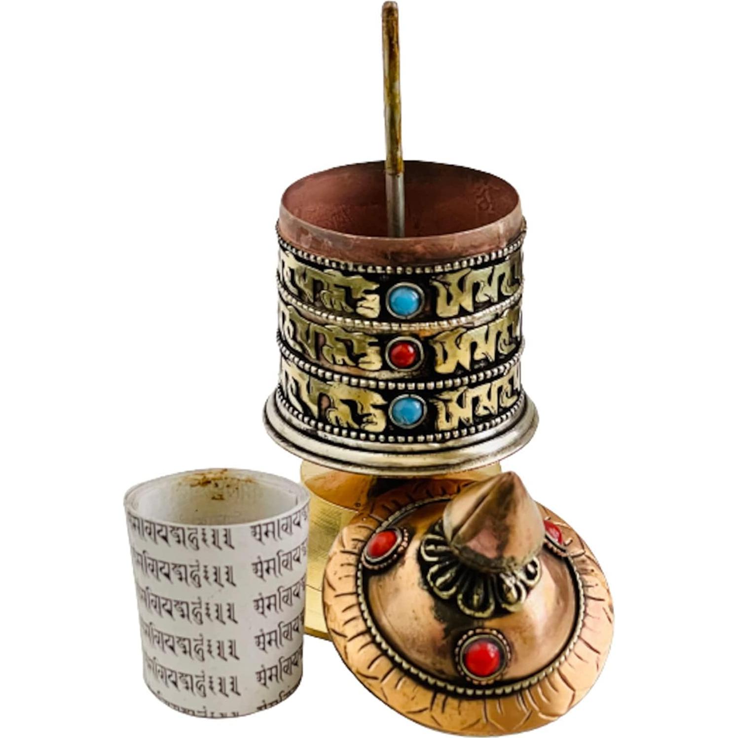 Rueda de Oración Tibetana de Mesa QT 12.7 cm Cobre y Piedra