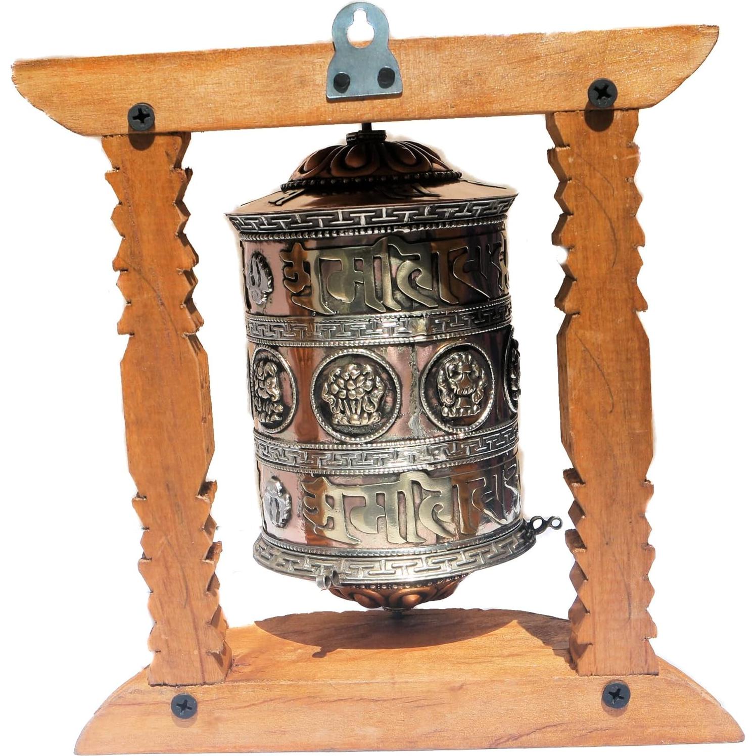 Rueda de Oración Tibetana Hecha a Mano con Marco de Madera