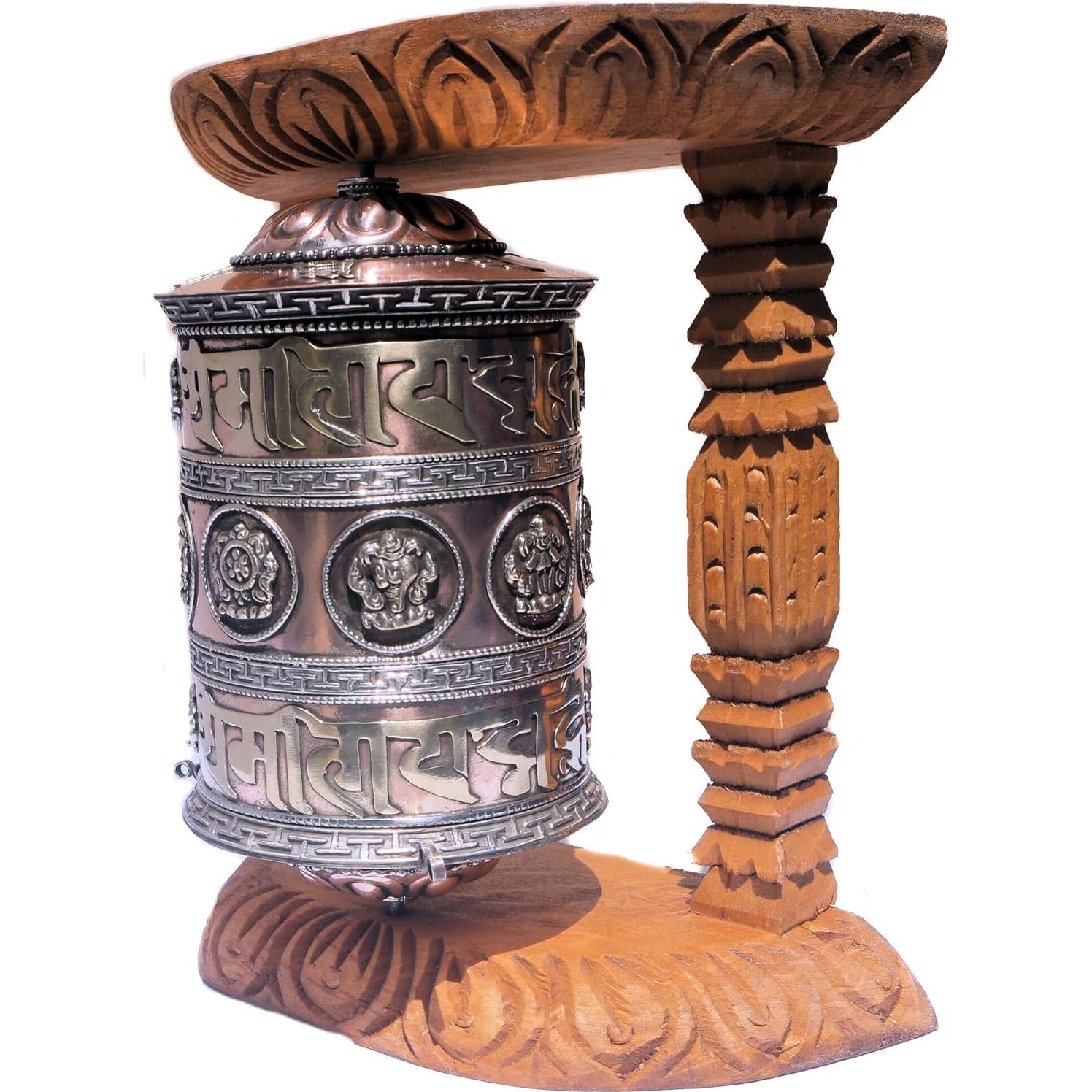 Rueda de Oración Tibetana Hecha a Mano con Marco de Madera