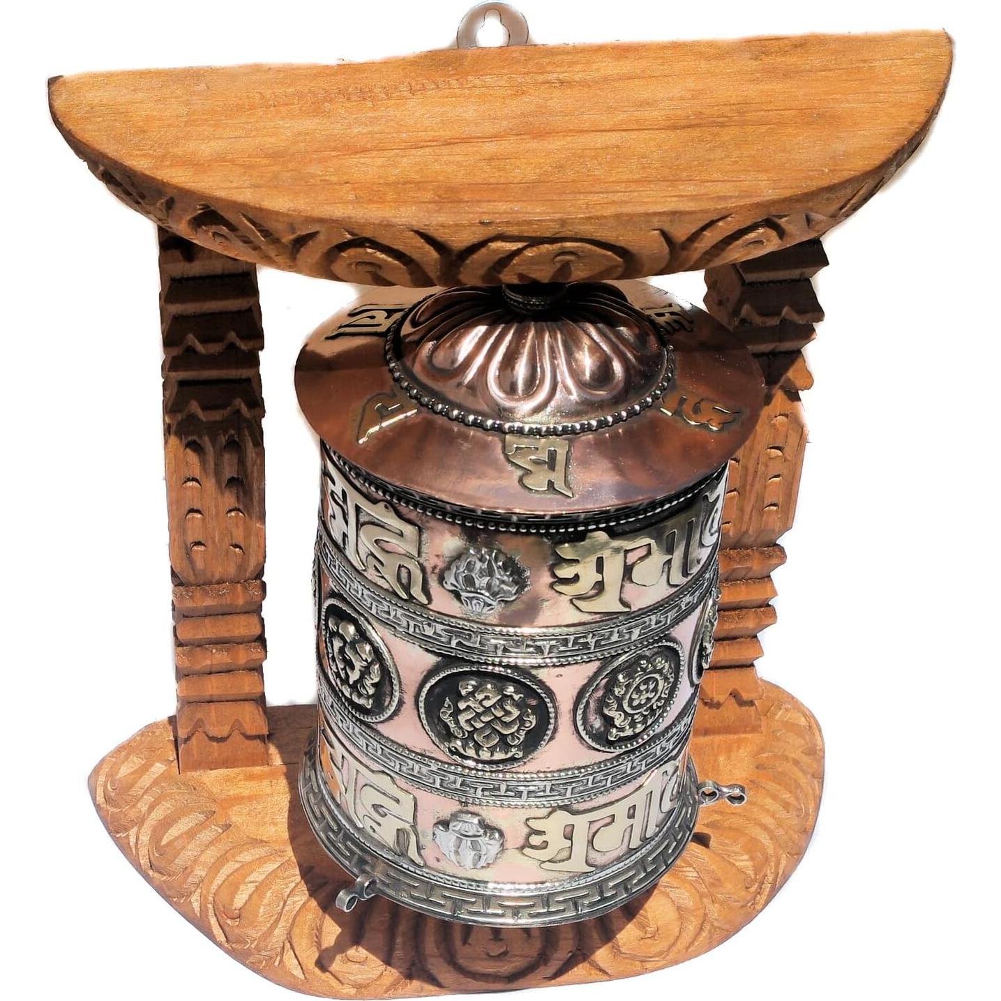 Rueda de Oración Tibetana Hecha a Mano con Marco de Madera