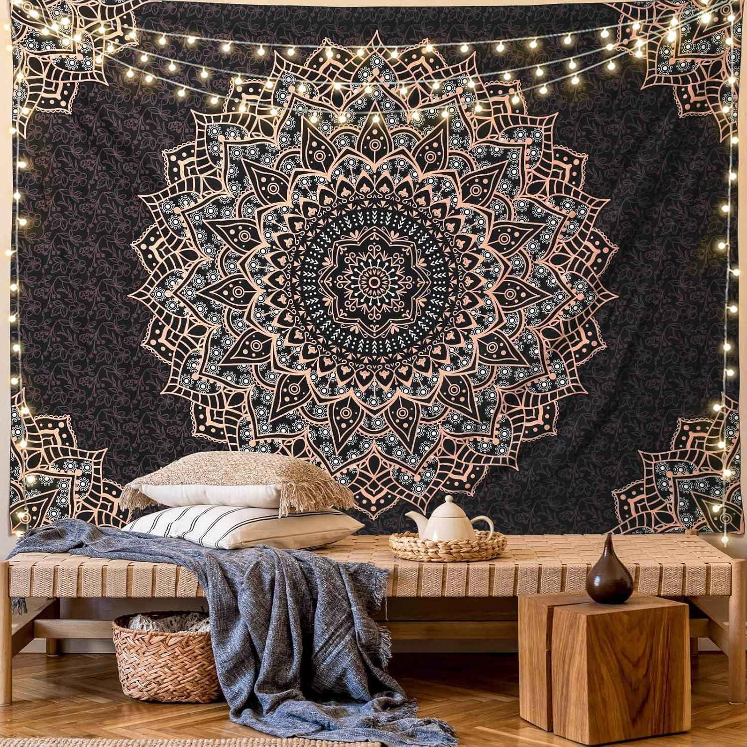 Tapiz Mandala Negro Edeesky 130x130 cm Decoración Bohemia