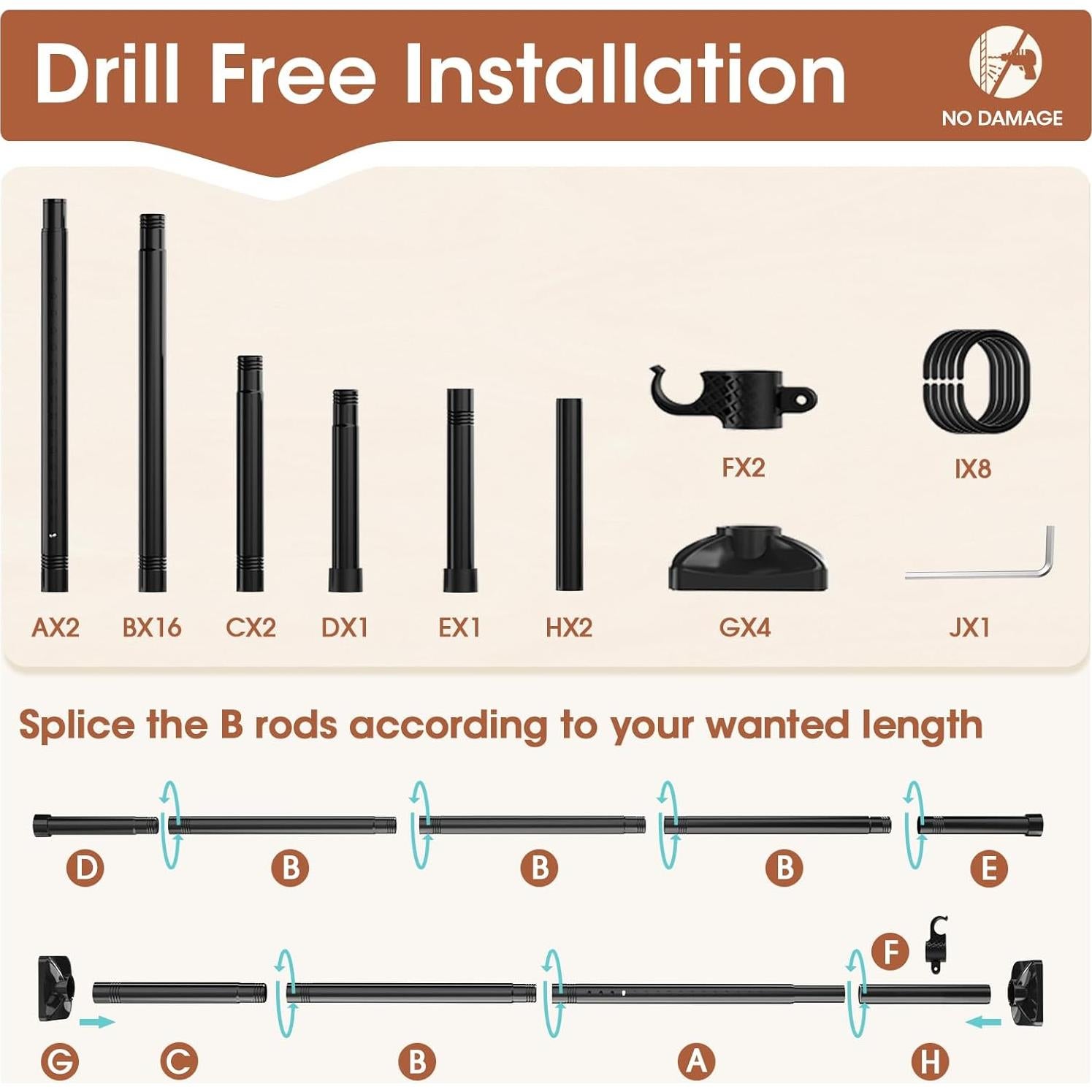 Varilla Divisoria de Habitaciones SUNALLY Ajustable 1.22-3.05m Negro