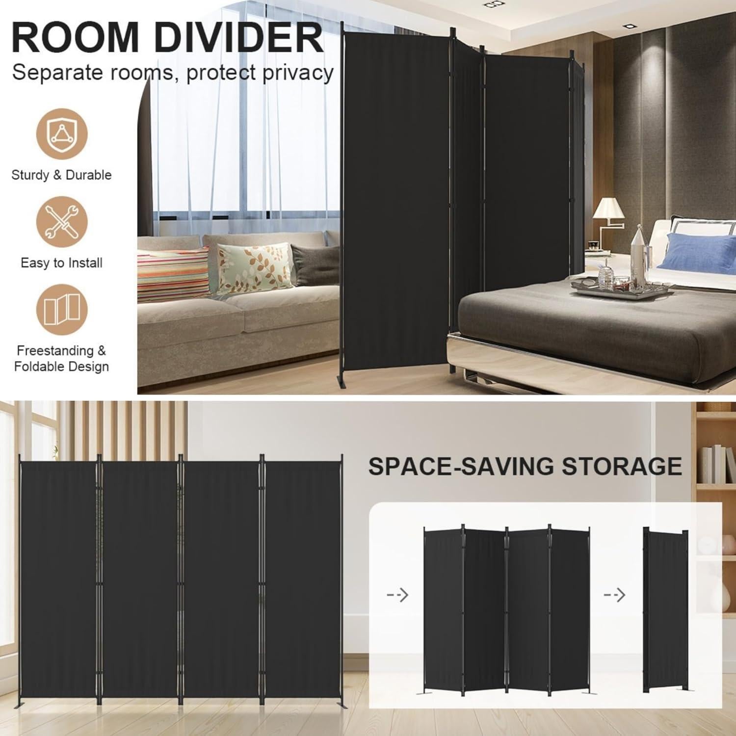 Divisor de habitación 4 paneles Kecreque negro 1.83m plegable