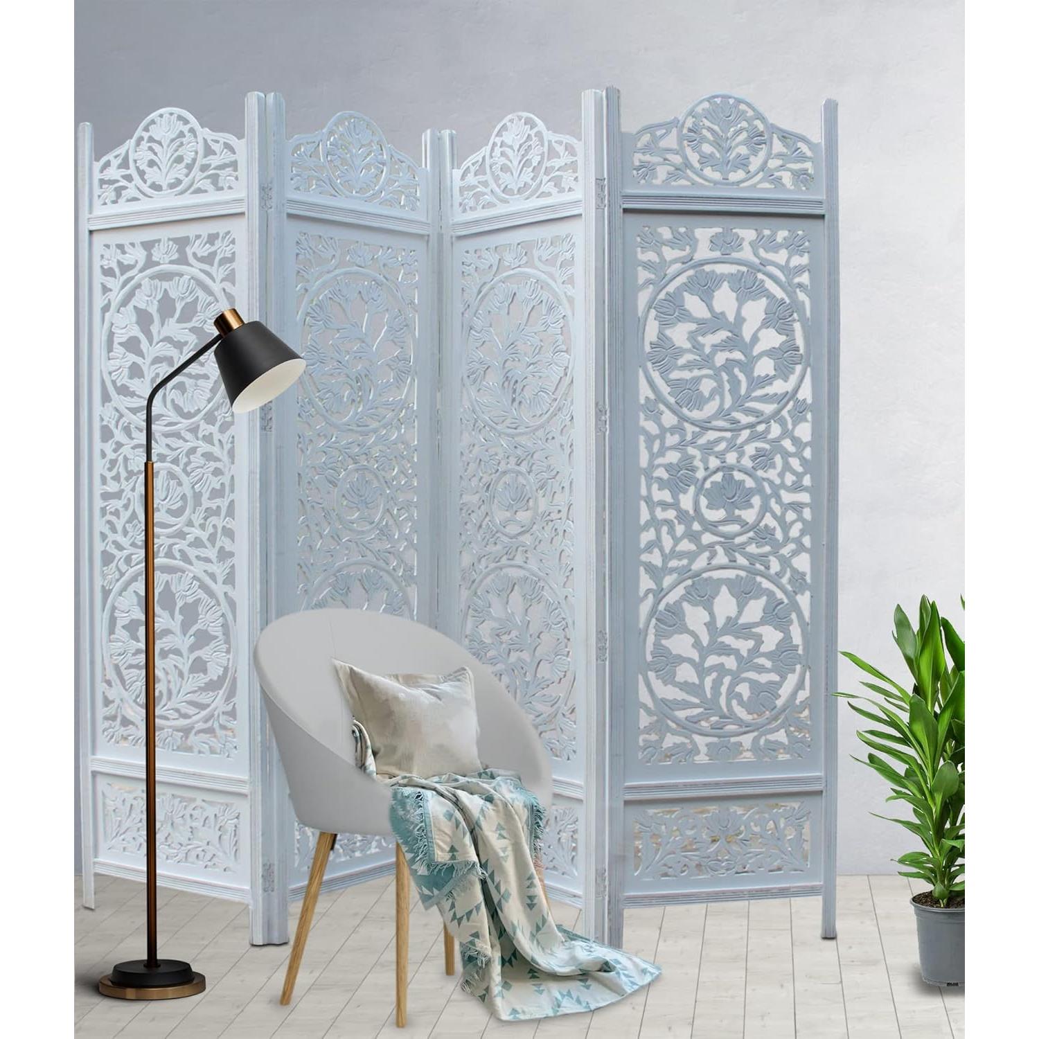 Cortina Craft Pantalla Divisoria de Madera 4 Paneles Kamal Blanco Antiguo 183x203 cm