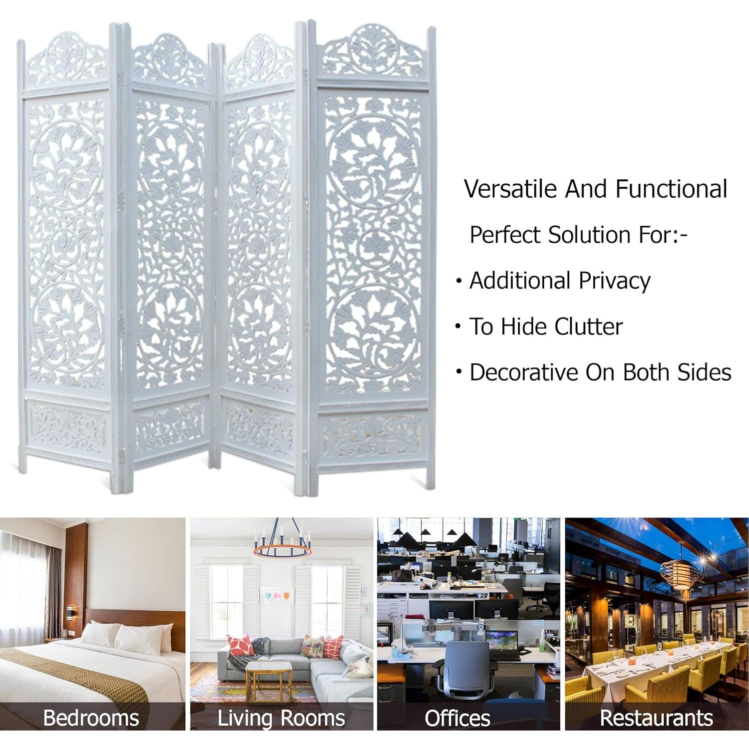 Cortina Craft Pantalla Divisoria de Madera 4 Paneles Kamal Blanco Antiguo 183x203 cm