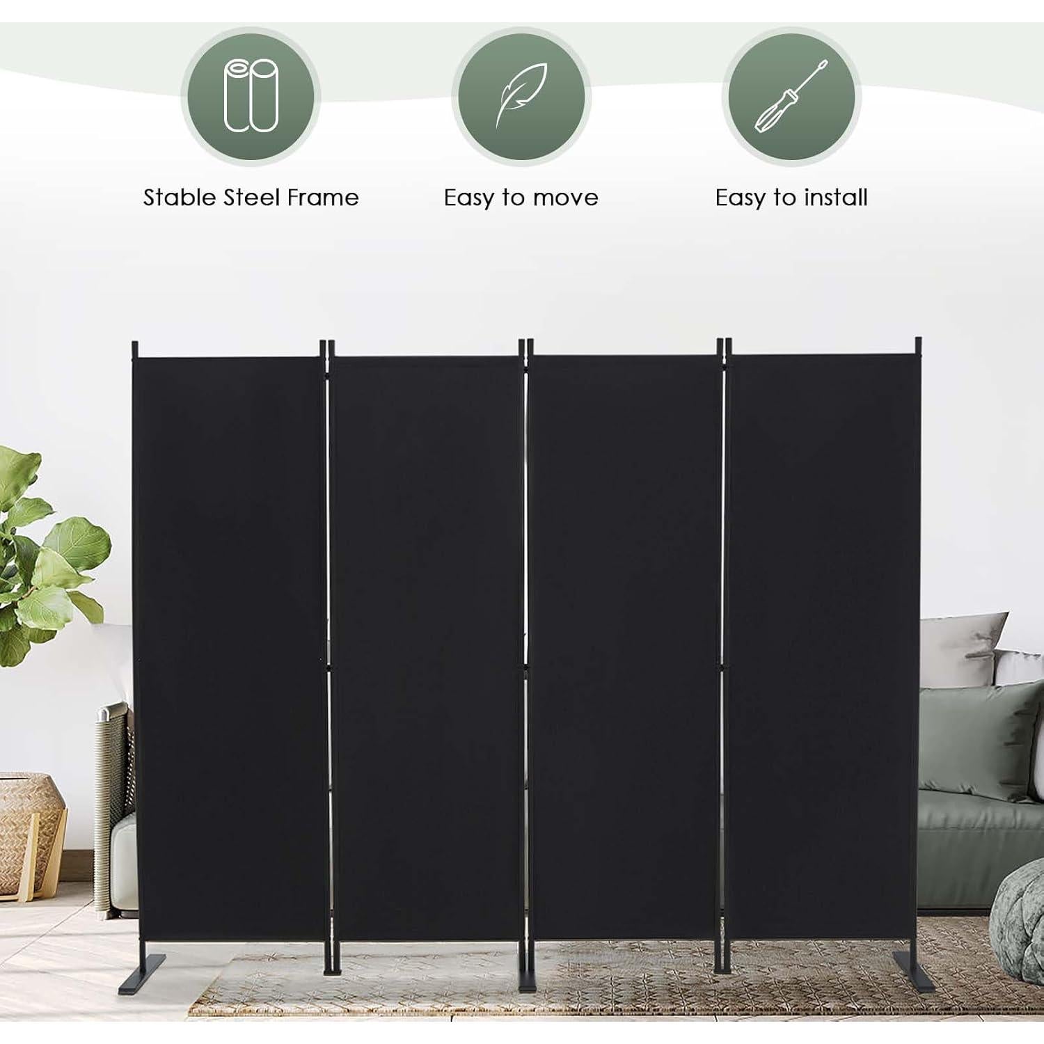 Separador de Habitaciones Rantila 4 Paneles Plegable Negro