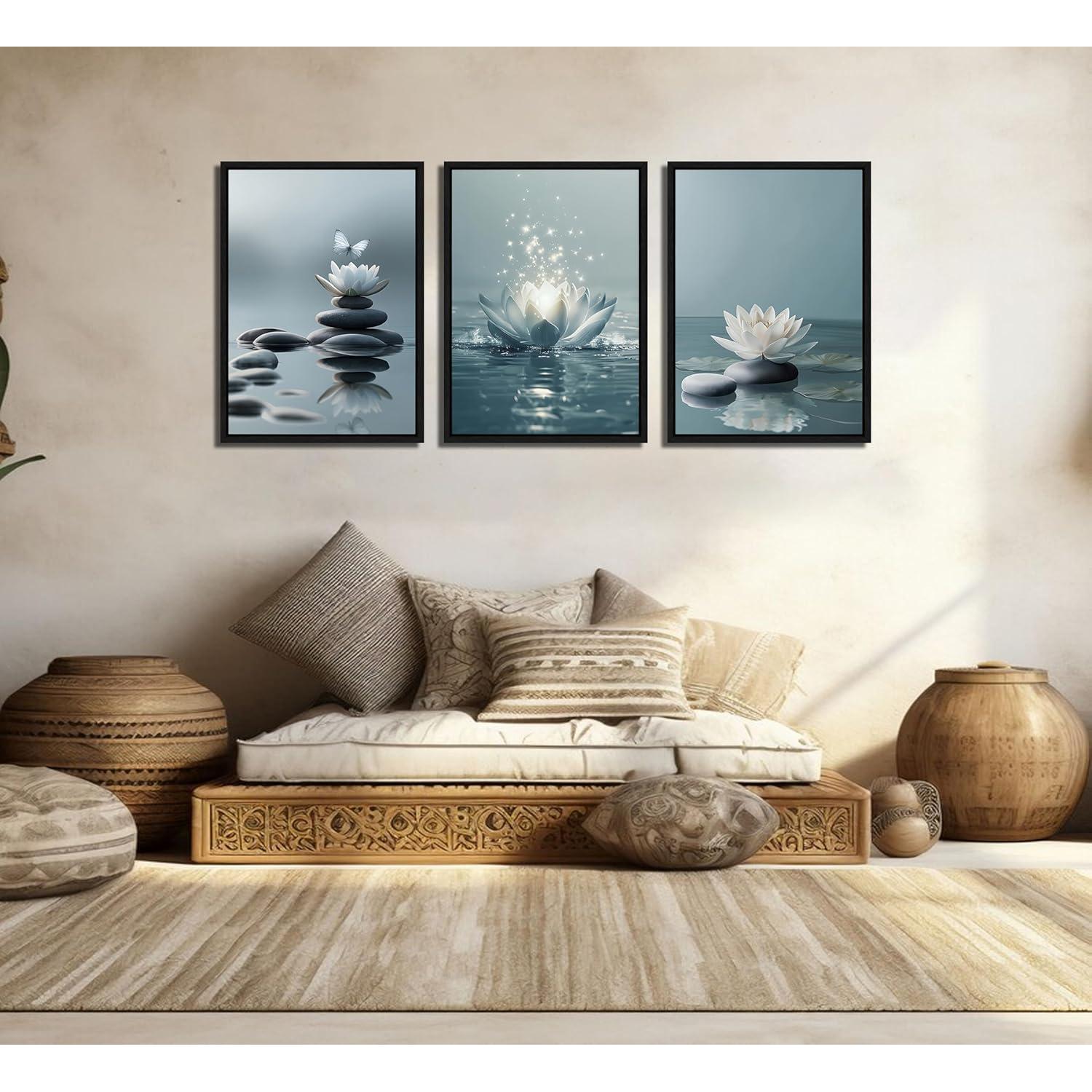 Trío de Arte de Pared Zen Loto en Lienzo Enmarcado 40x30cm