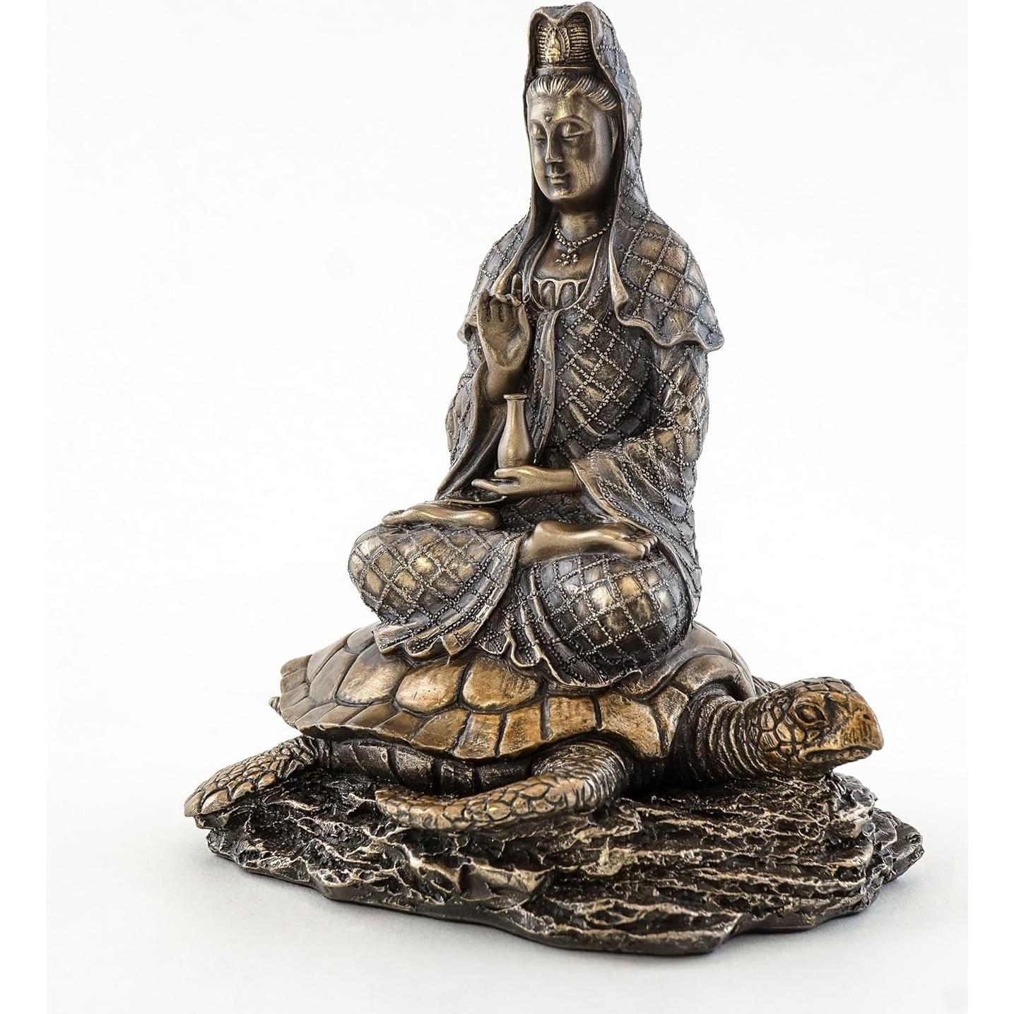 Estatua Guan Yin sobre Tortuga Marina - Escultura en Bronce Frío 16.5 cm