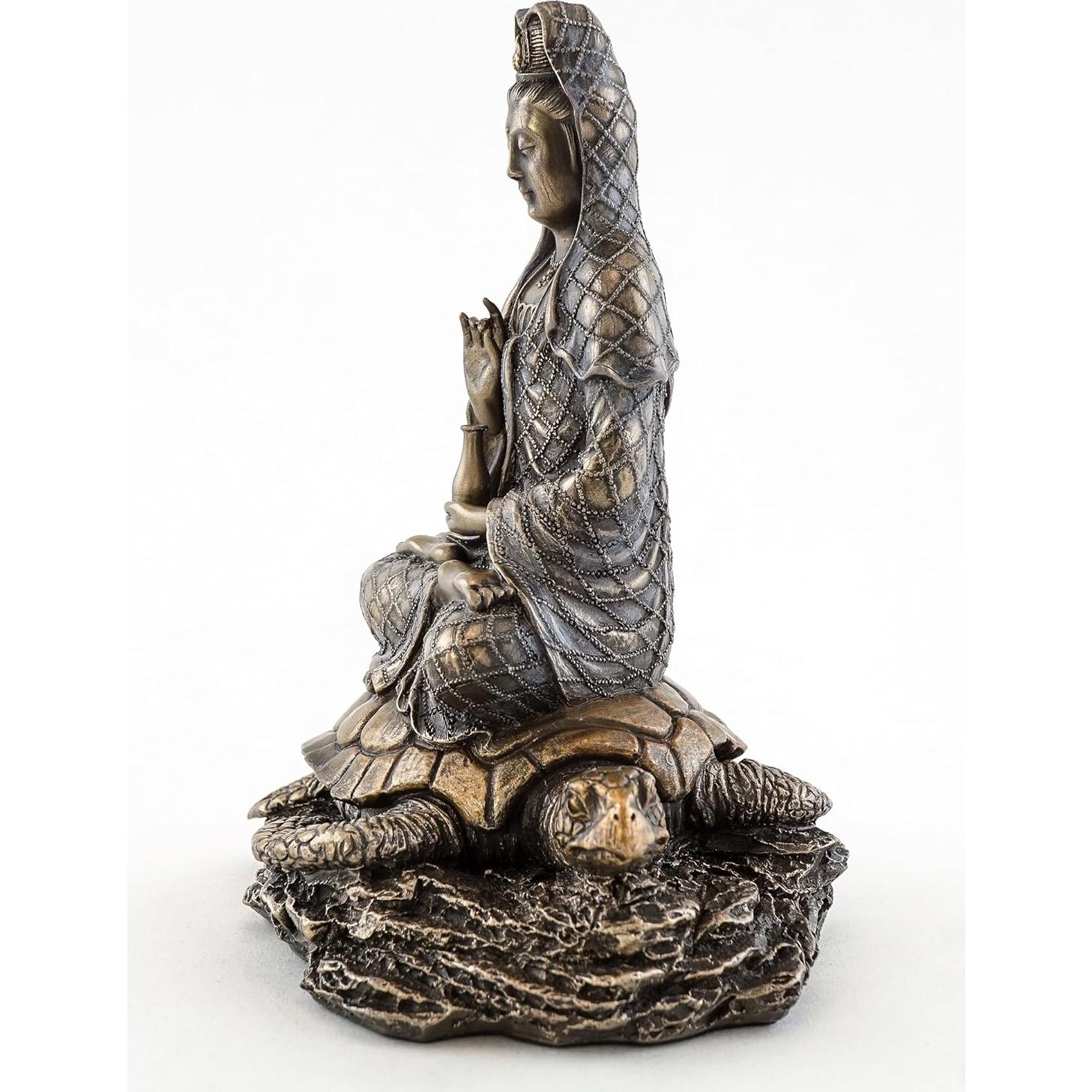 Estatua Guan Yin sobre Tortuga Marina - Escultura en Bronce Frío 16.5 cm