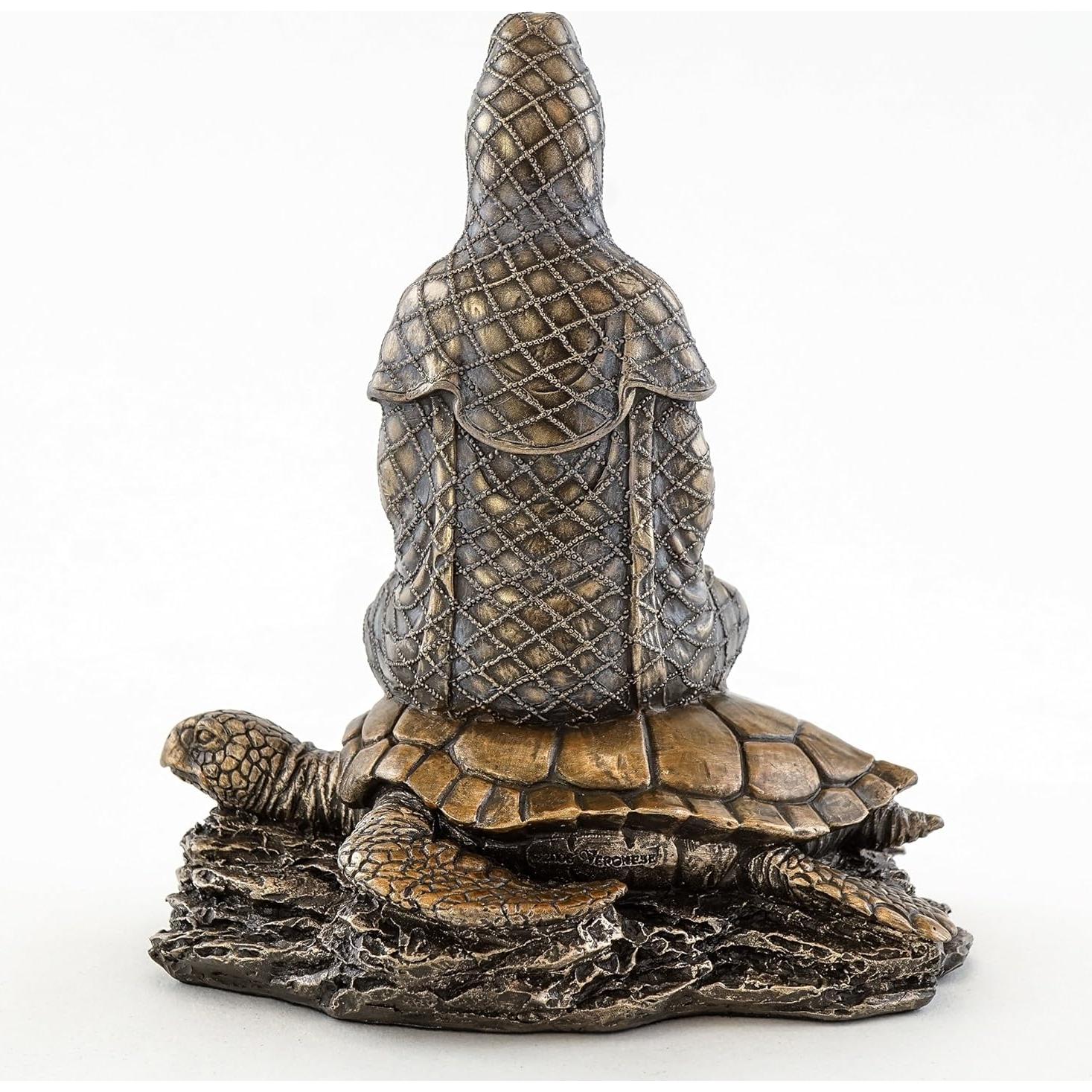 Estatua Guan Yin sobre Tortuga Marina - Escultura en Bronce Frío 16.5 cm