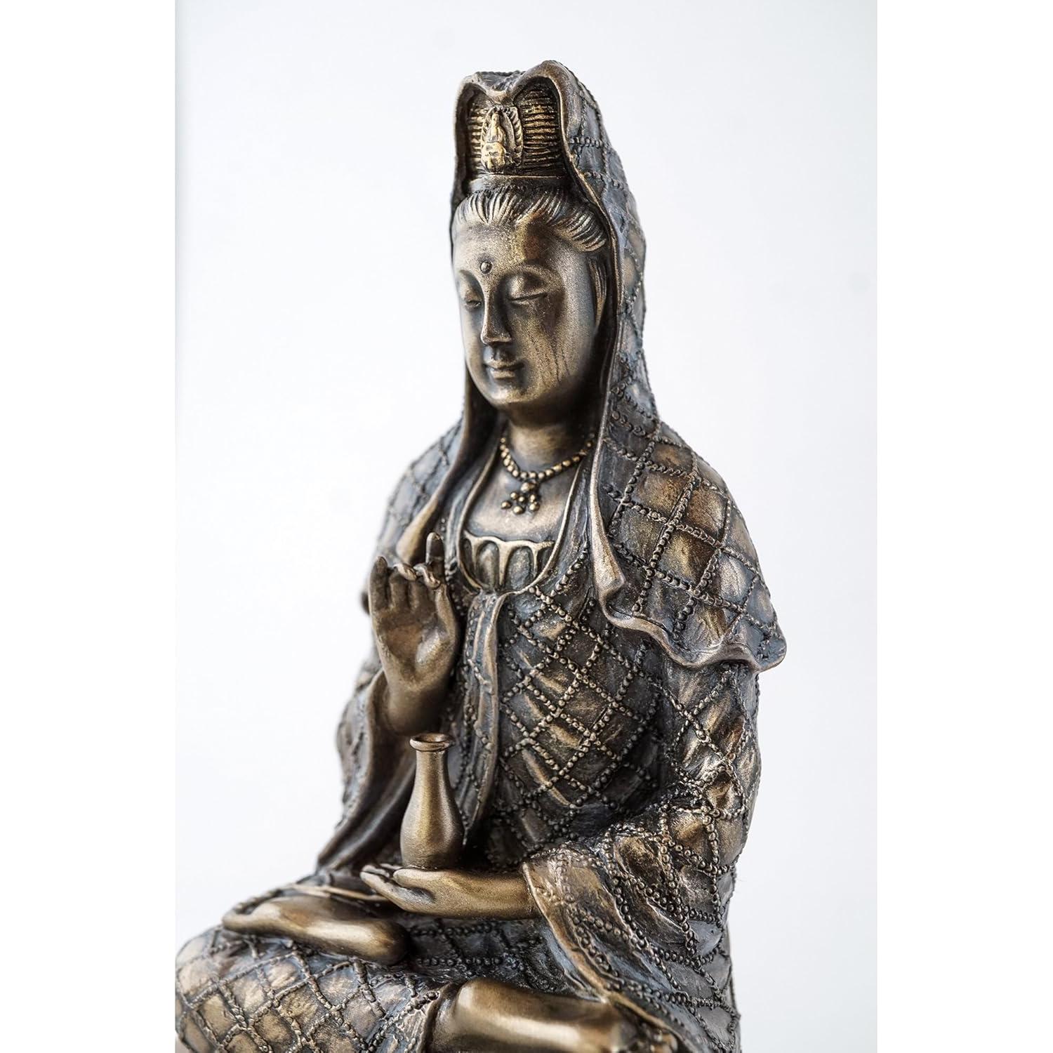 Estatua Guan Yin sobre Tortuga Marina - Escultura en Bronce Frío 16.5 cm
