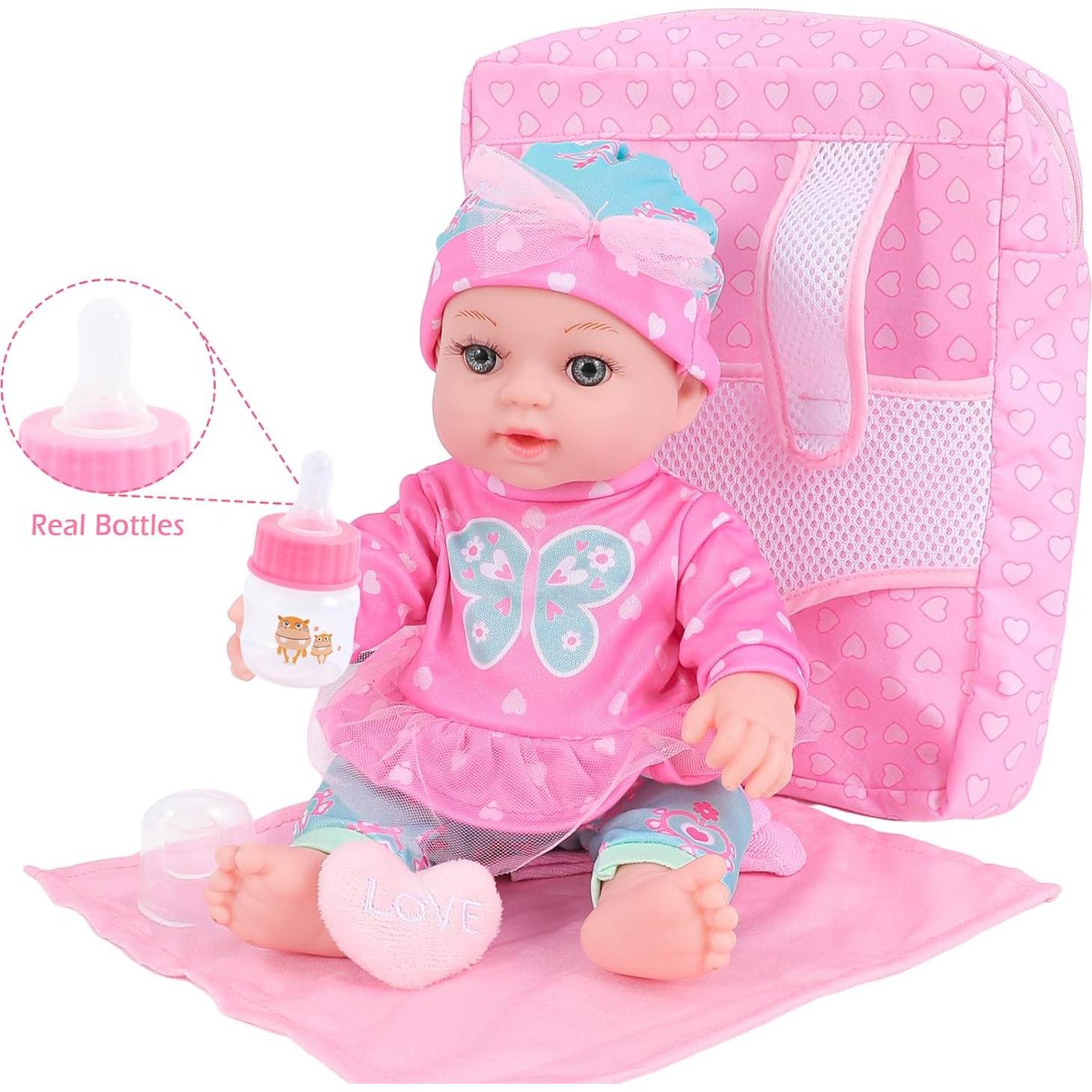 Muñeca de Bebé DONTNO 30 cm con Ropa y Mochila Accesorios