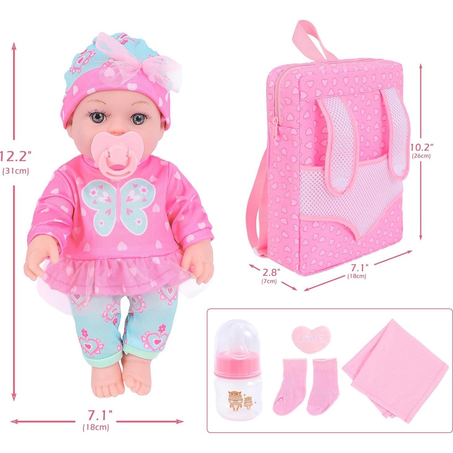 Muñeca de Bebé DONTNO 30 cm con Ropa y Mochila Accesorios