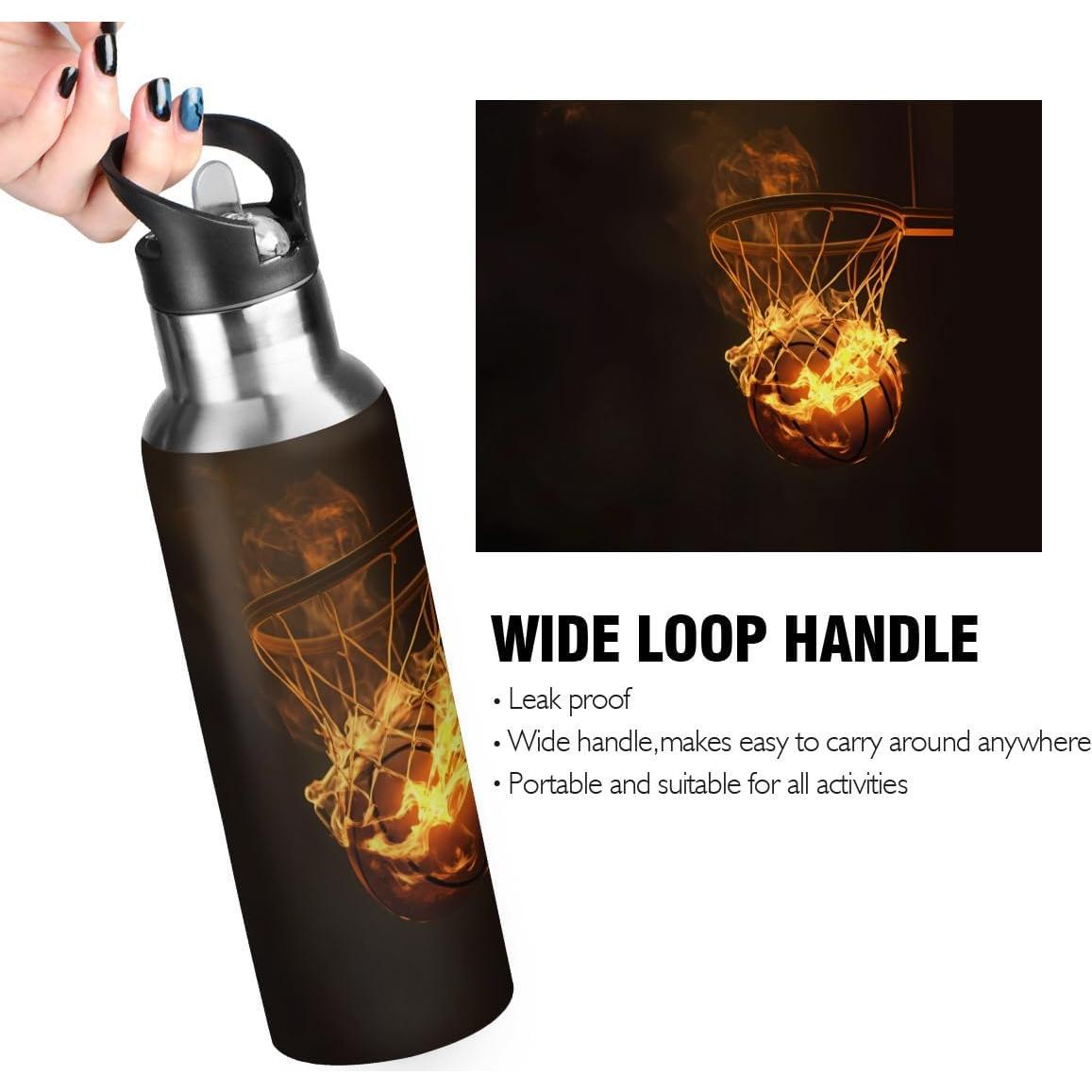 Botella de Agua Aislada AUUXVA 600ml Baloncesto con Pajita