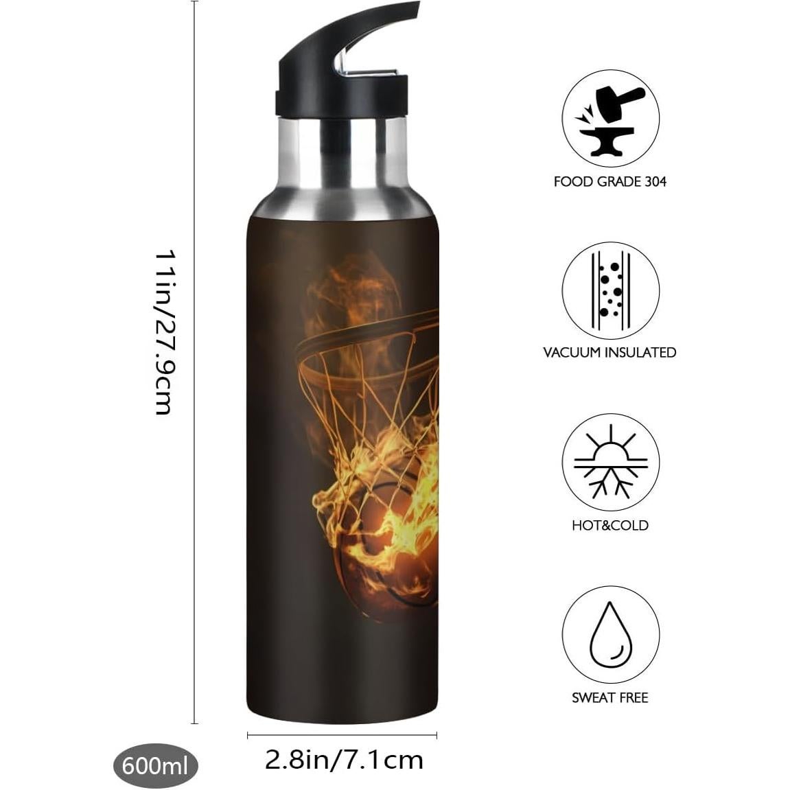 Botella de Agua Aislada AUUXVA 600ml Baloncesto con Pajita