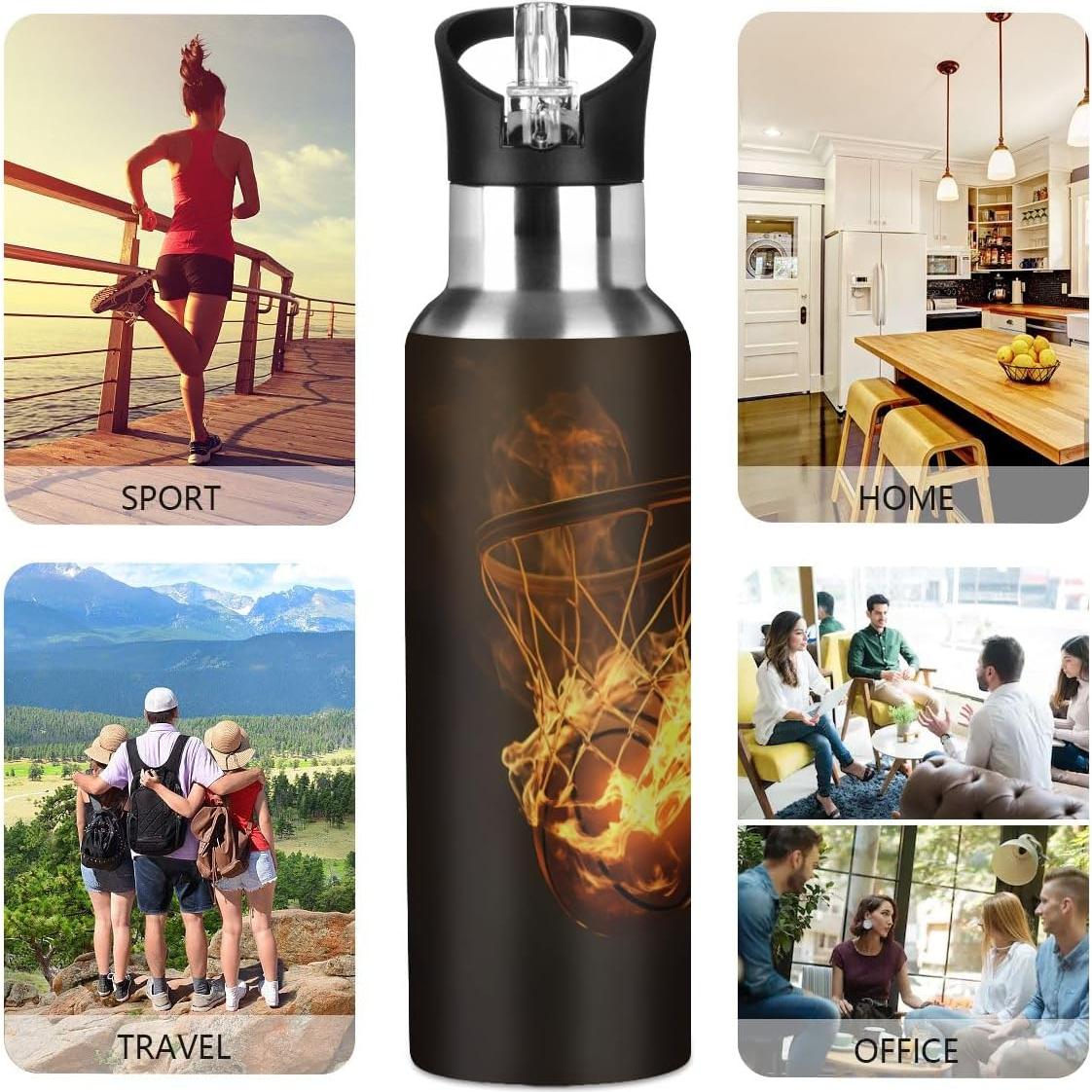 Botella de Agua Aislada AUUXVA 600ml Baloncesto con Pajita