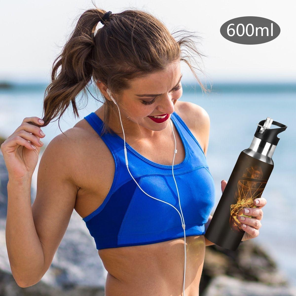 Botella de Agua Aislada AUUXVA 600ml Baloncesto con Pajita