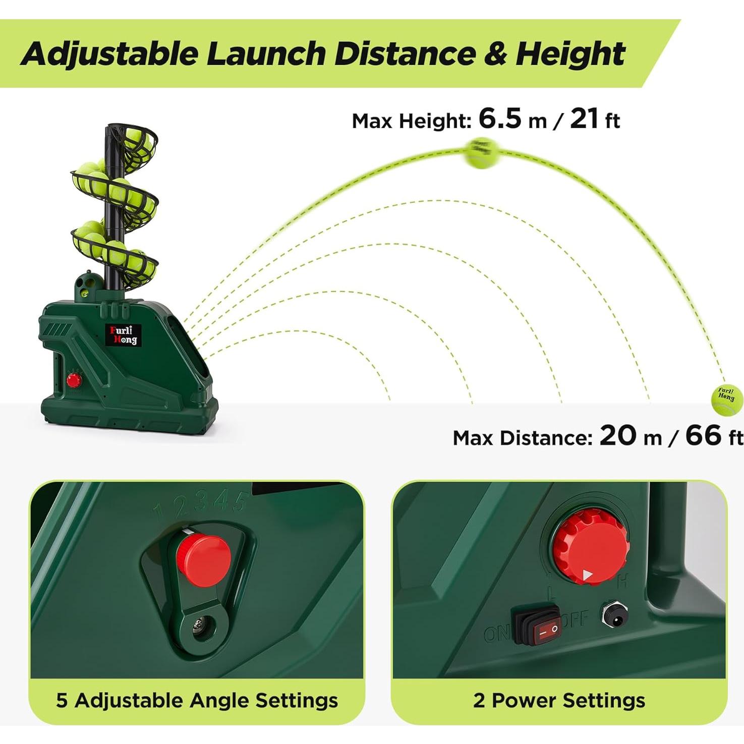 Máquina de Pelotas de Tenis Portátil Furlihong 3819BH - 5 Ángulos, 2 Potencias, 4 Intervalos, Hasta 48.3 km/h