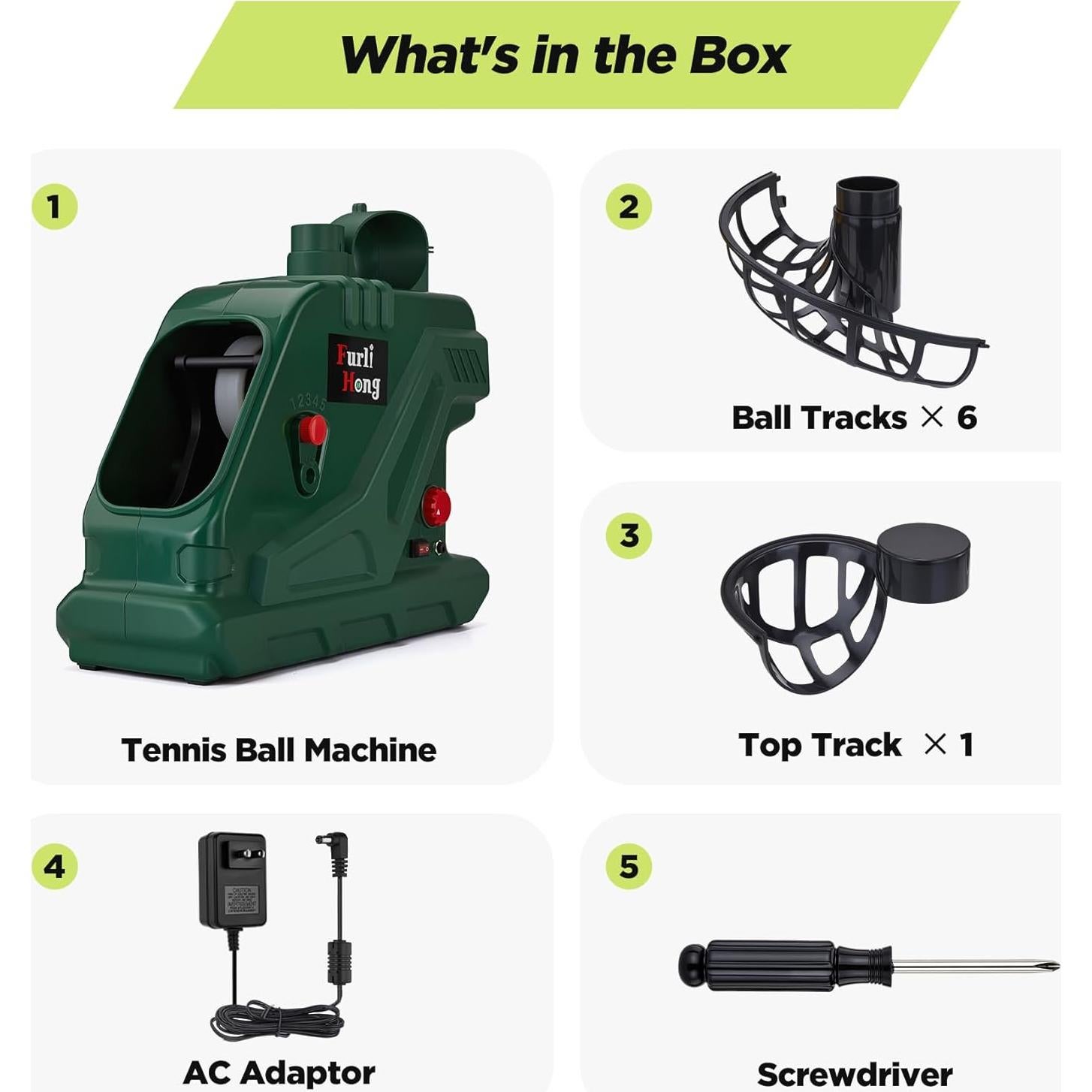 Máquina de Pelotas de Tenis Portátil Furlihong 3819BH - 5 Ángulos, 2 Potencias, 4 Intervalos, Hasta 48.3 km/h