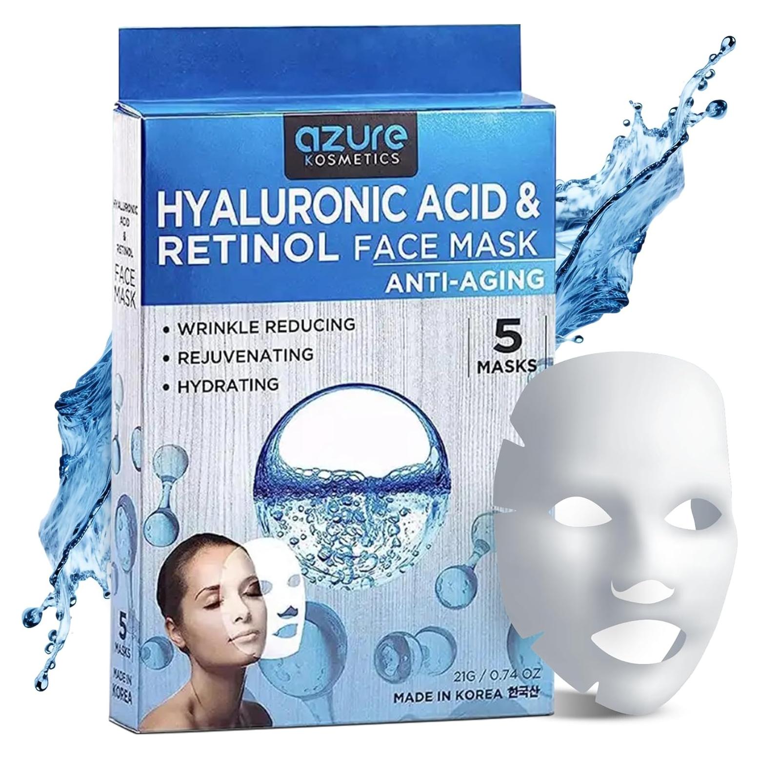 Máscara Facial Azure Cosmetics - Ácido Hialurónico y Retinol - 5 Pzas