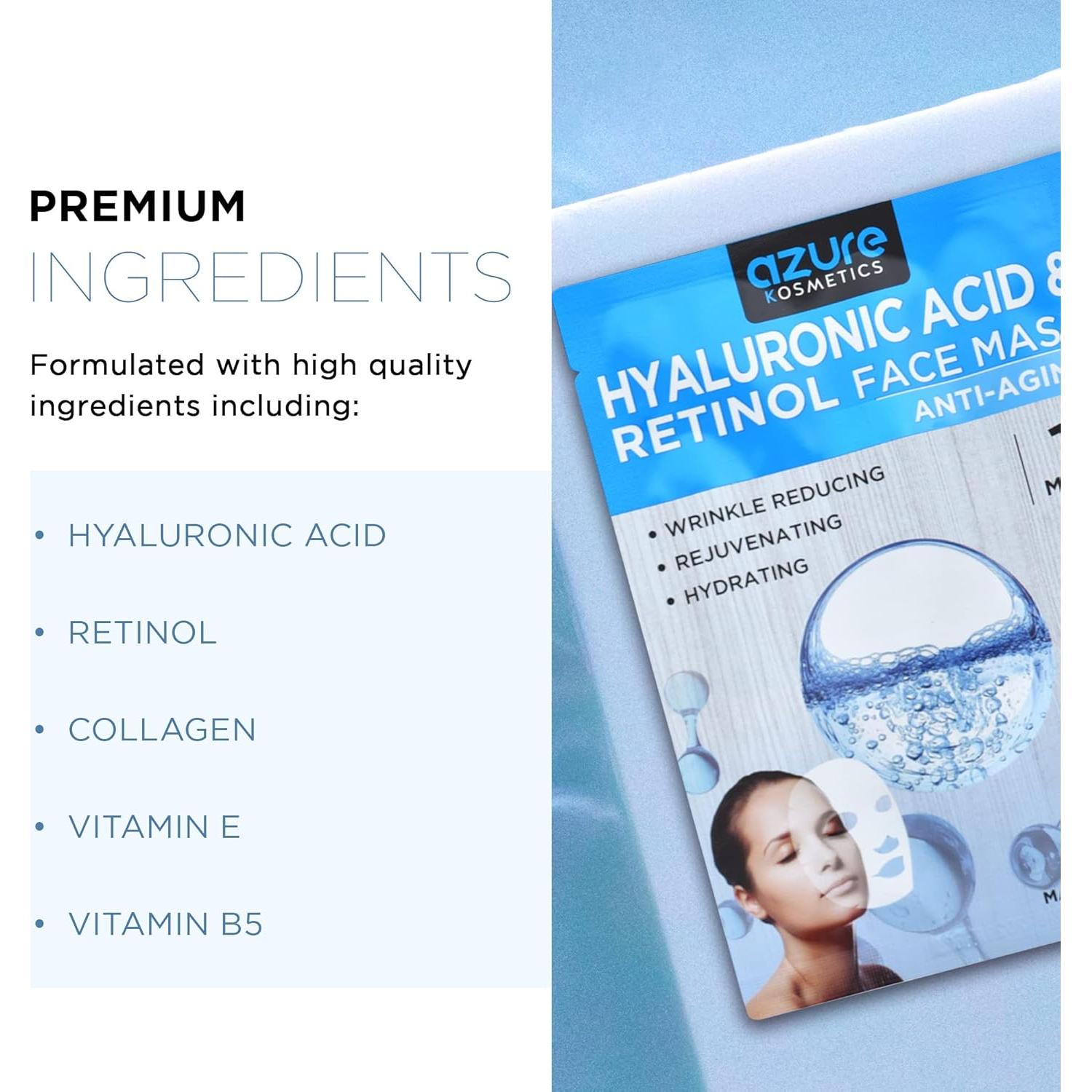 Máscara Facial Azure Cosmetics - Ácido Hialurónico y Retinol - 5 Pzas